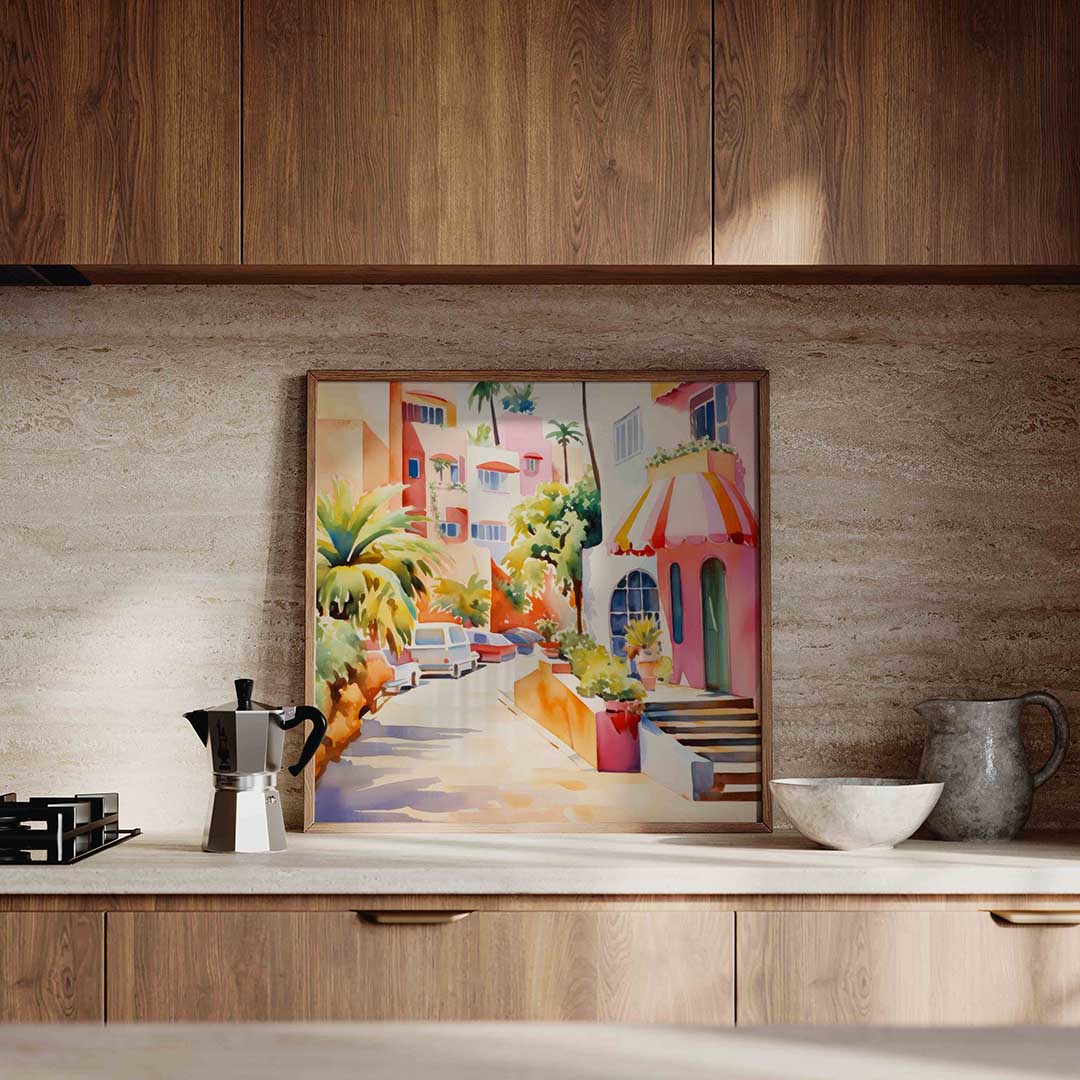 Zonnige straat met palmbomen Poster