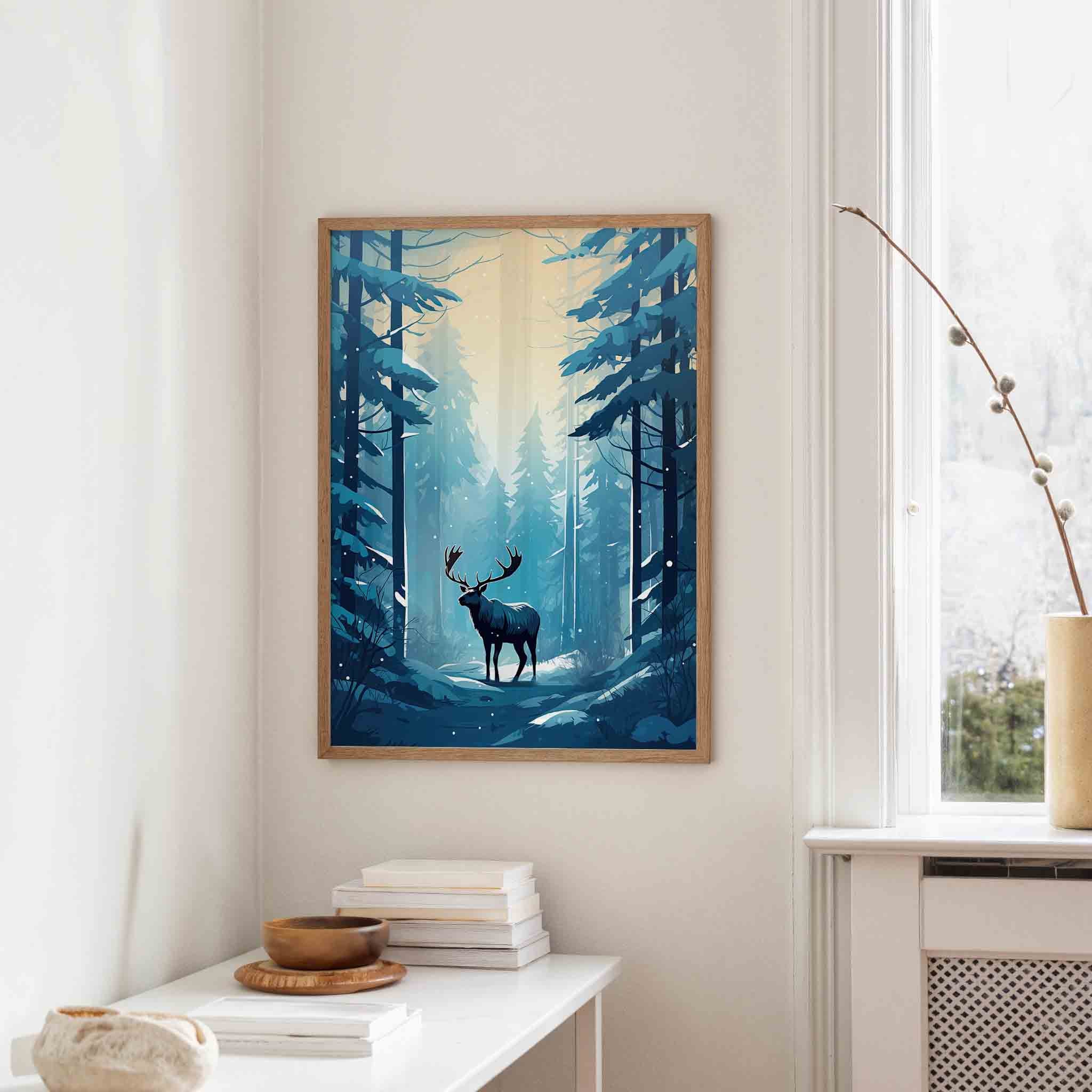 Hert in besneeuwd bos Poster