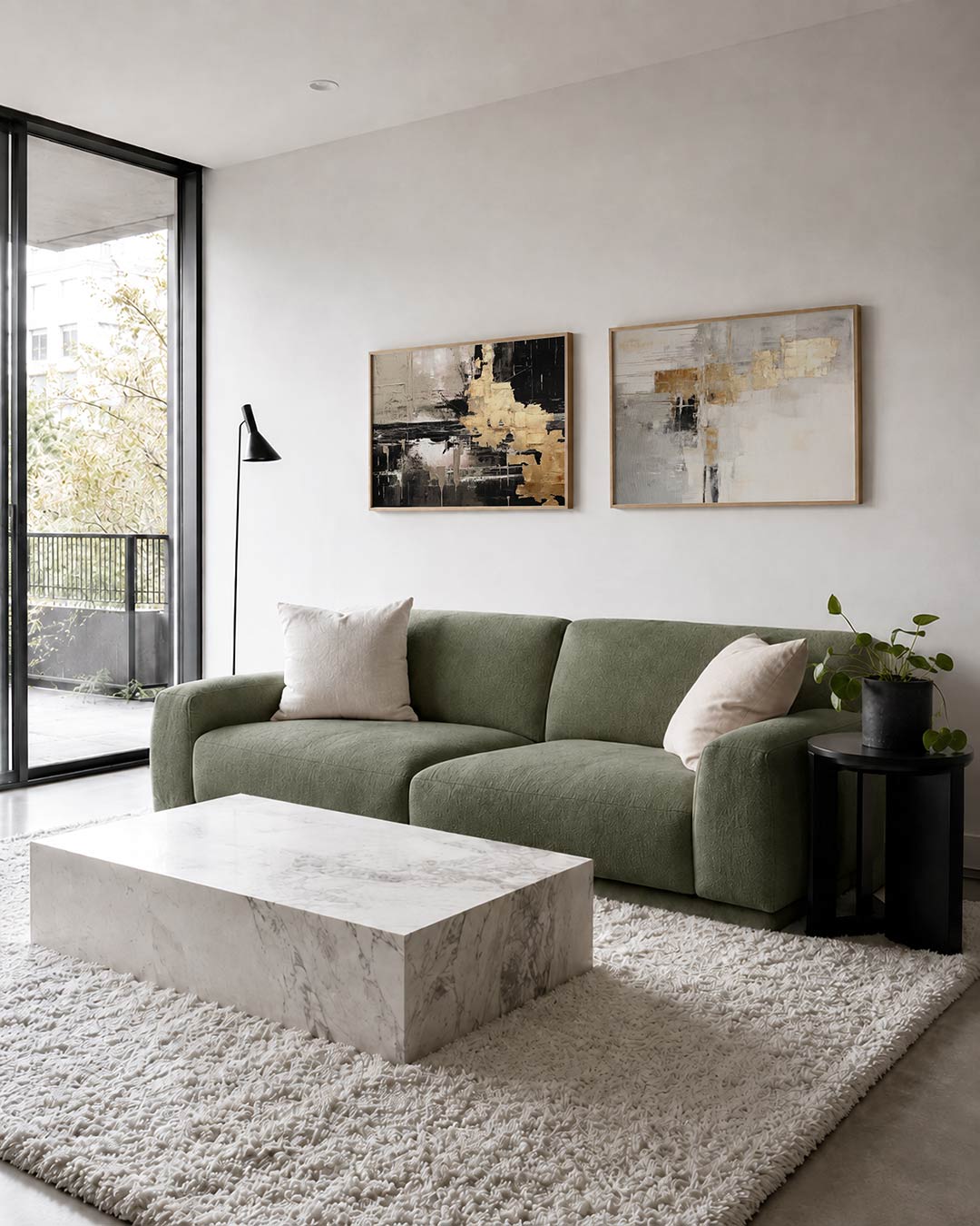 Tweedelige posterset met goud en zwart, getoond in een interieur