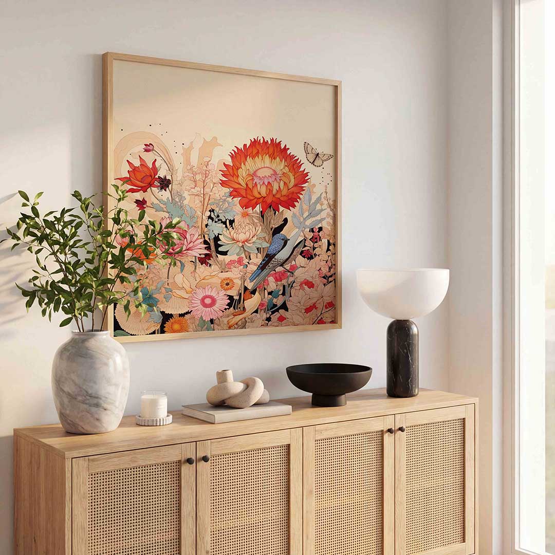 Bloemen en vogel Poster