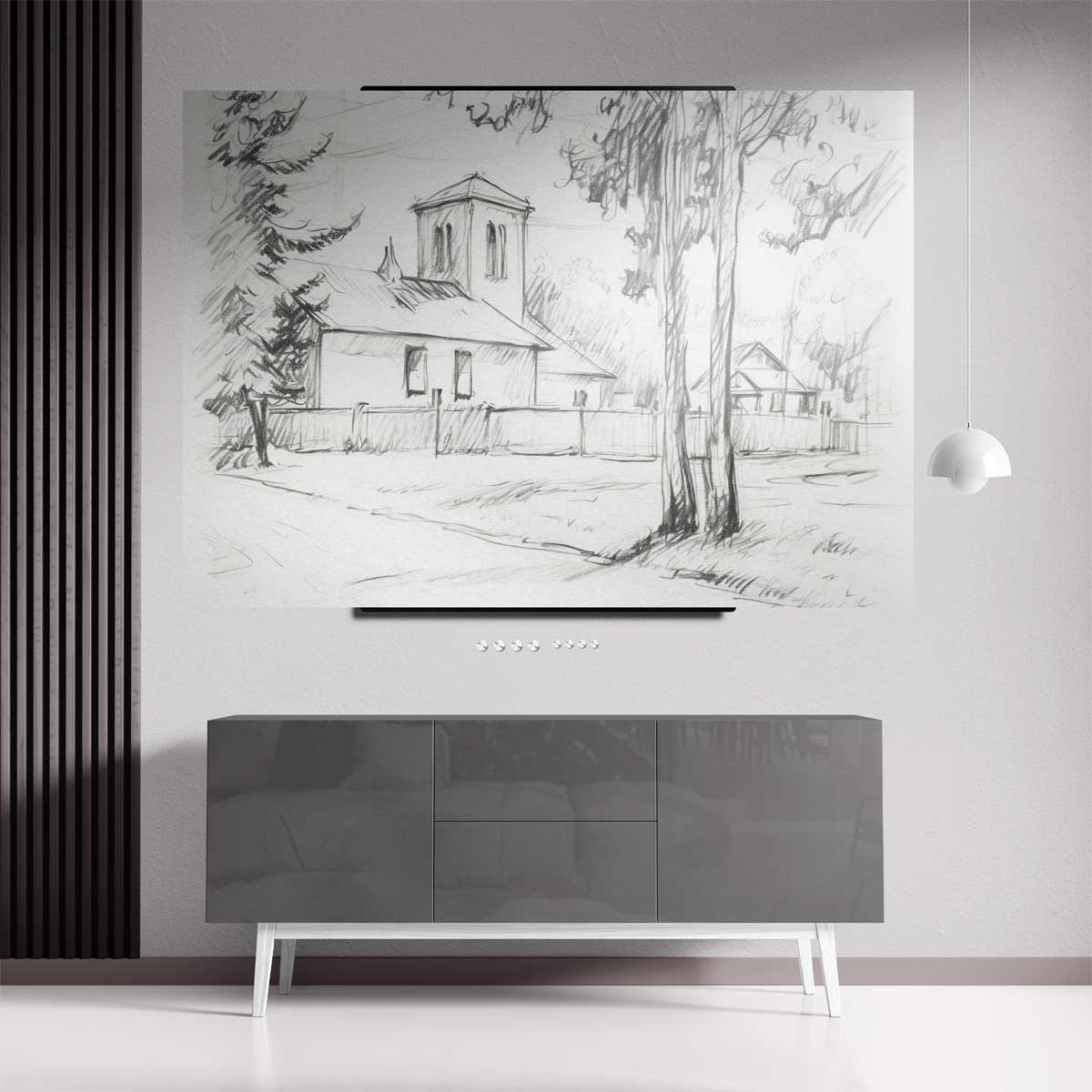 Dorpskerk en Bomen Kunstwerk-canvas-dibond-plexiglas-wanddecoratie-WallArtistic