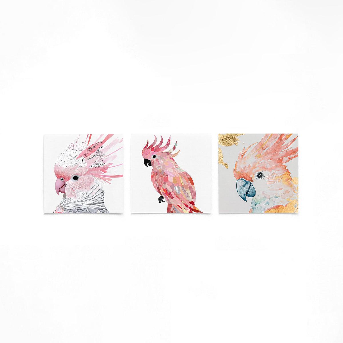 Drie vierkante posters met kaketoes op een gebroken witte achtergrond