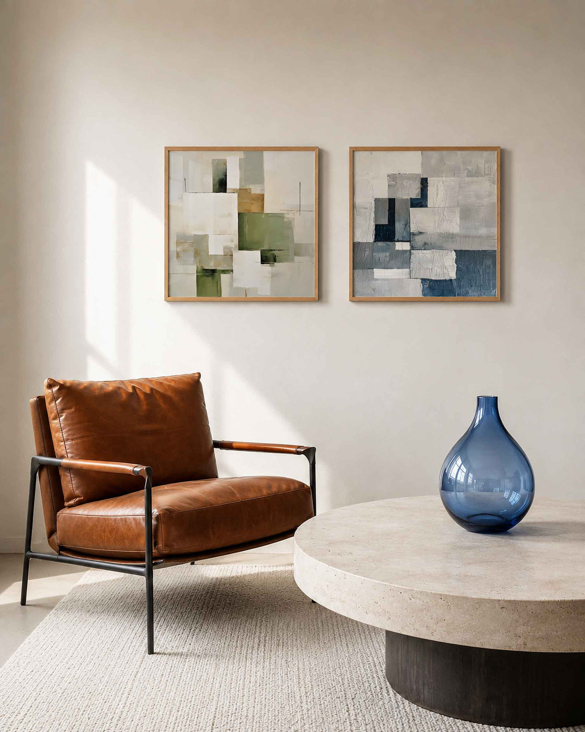 Interieurpresentatie van een tweedelige vierkante posterset met geometrische vlakken