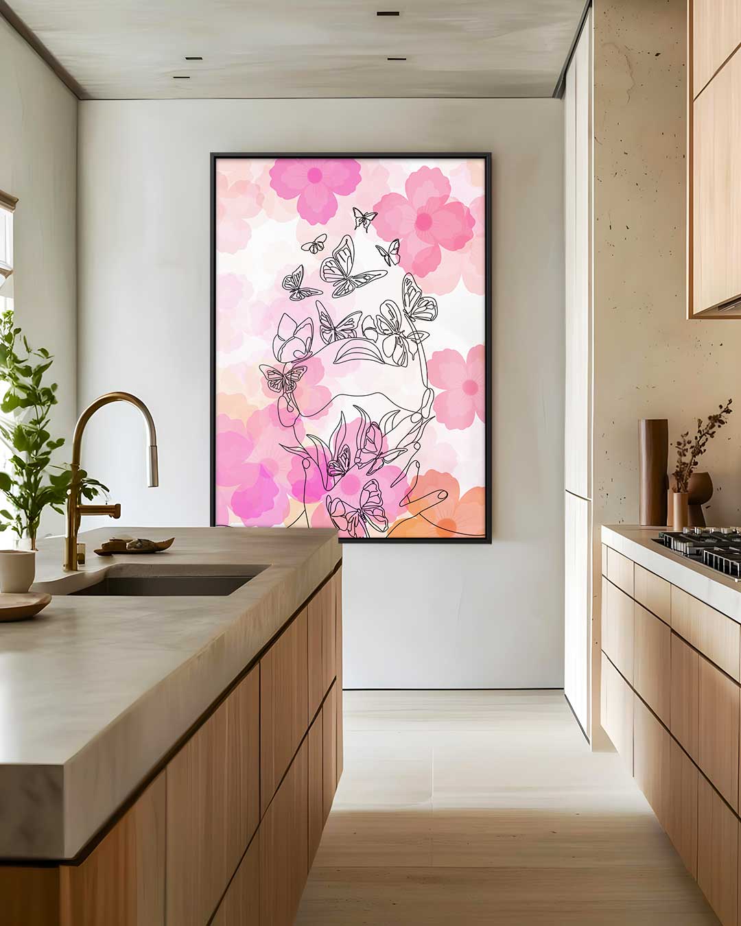 Vlinders en Bloemen Lijntekening Kunstwerk-canvas-dibond-plexiglas-wanddecoratie-WallArtistic