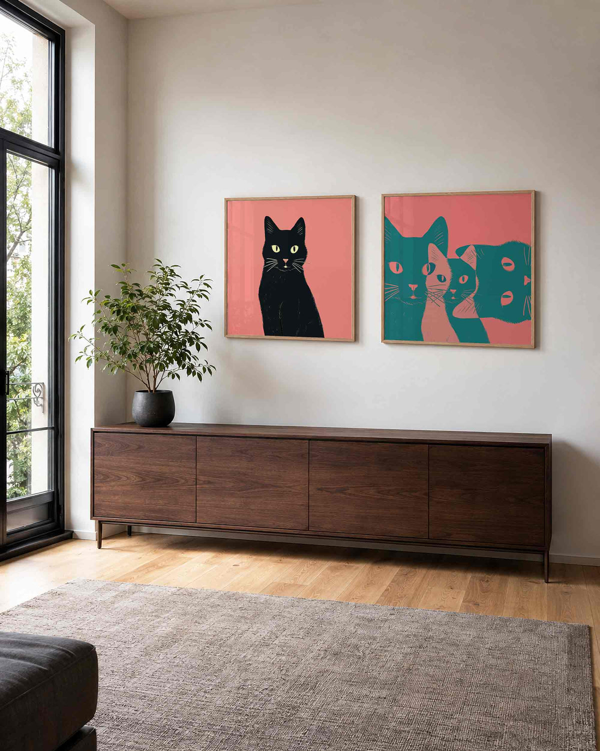 Interieurpresentatie van een tweedelige vierkante posterset met kattenportretten