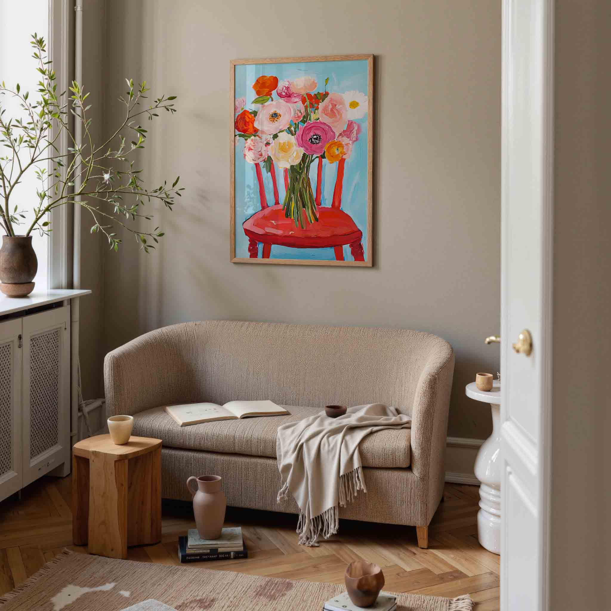 Bloemen op rode stoel Poster