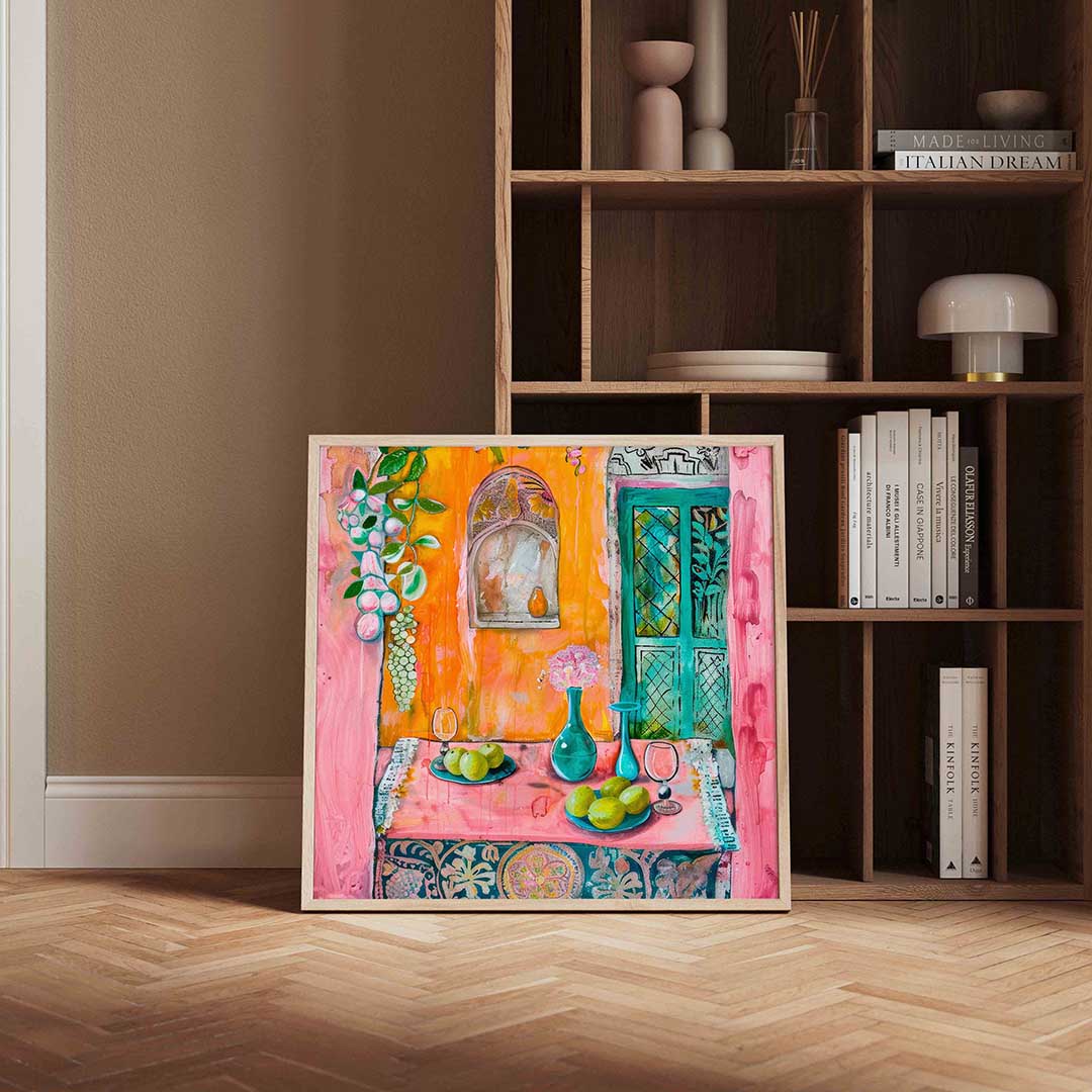Fruit en vaas op tafel Poster