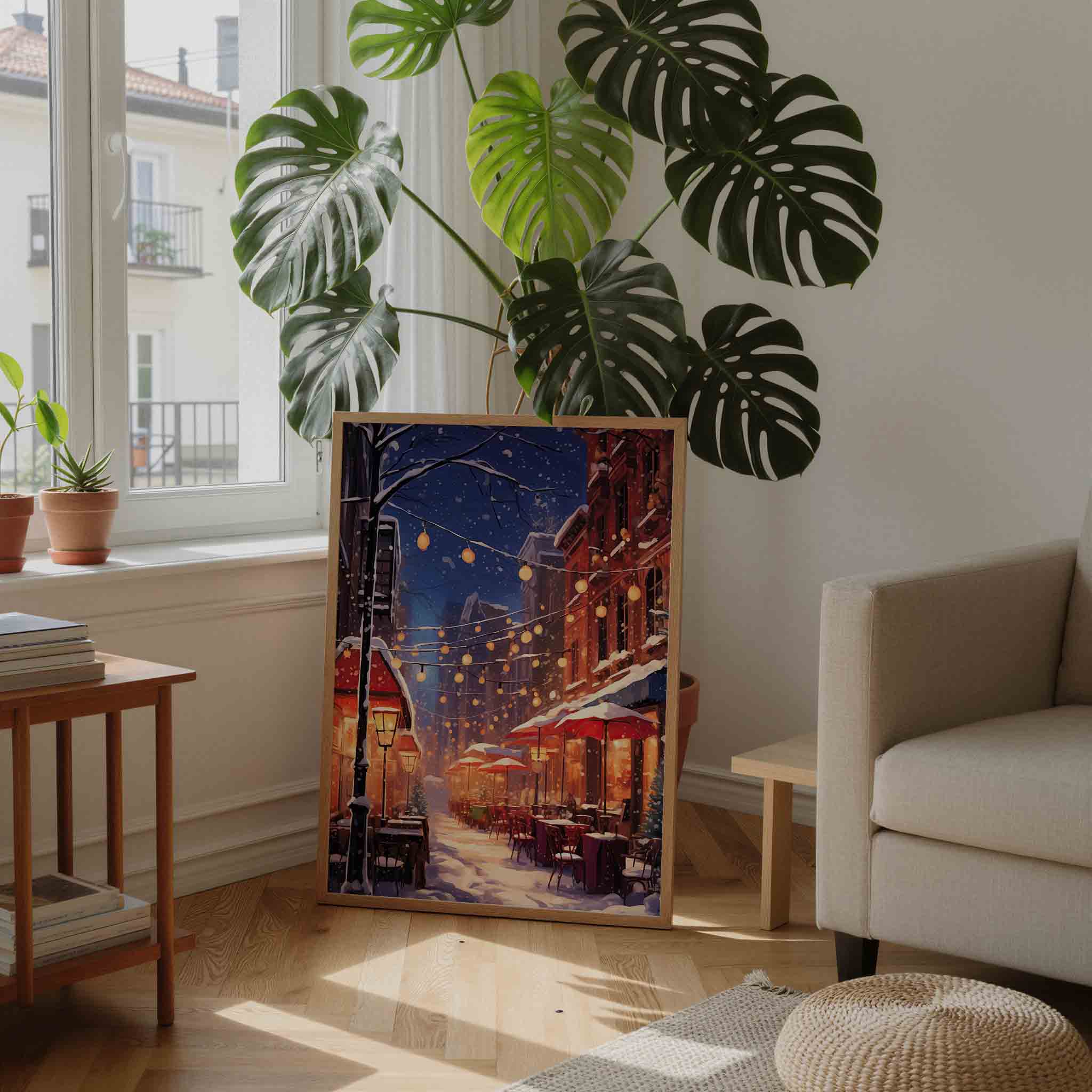 Winterse straat met verlichting Poster