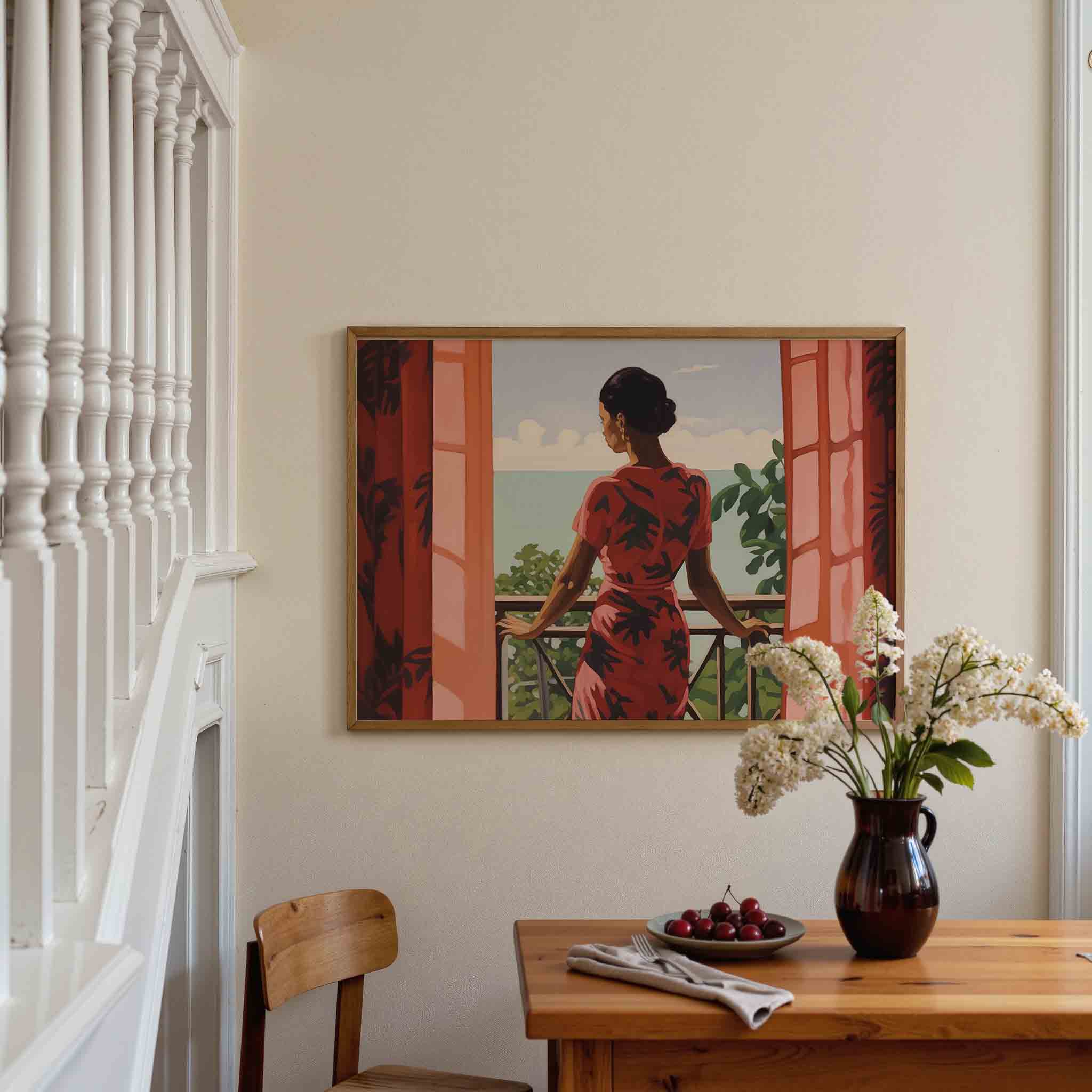 Vrouw bij balkon Poster
