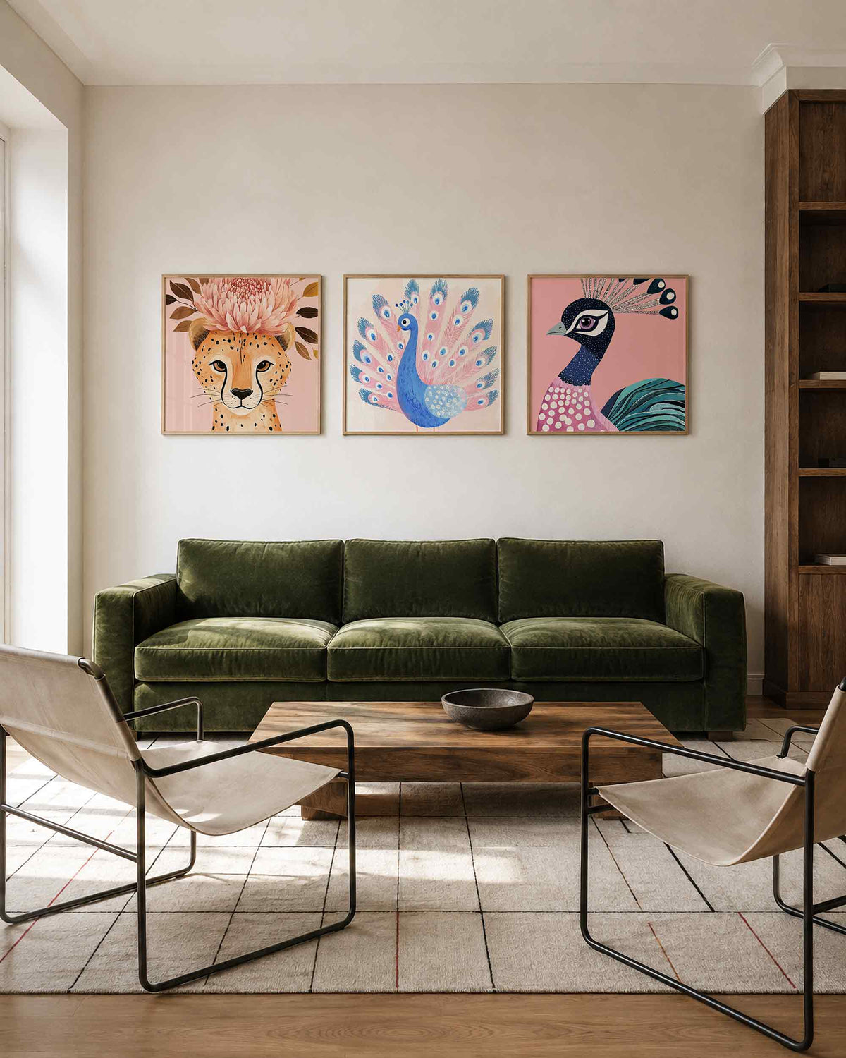 Interieurpresentatie van een driedelige vierkante posterset met luipaard en pauwen
