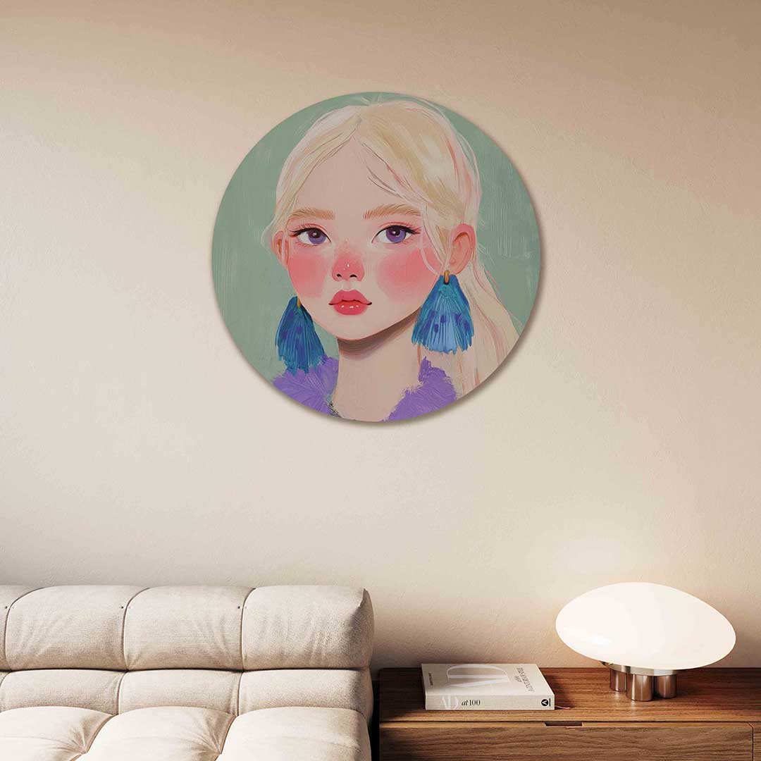 Portret met blauwe oorbellen Muurcirkel
