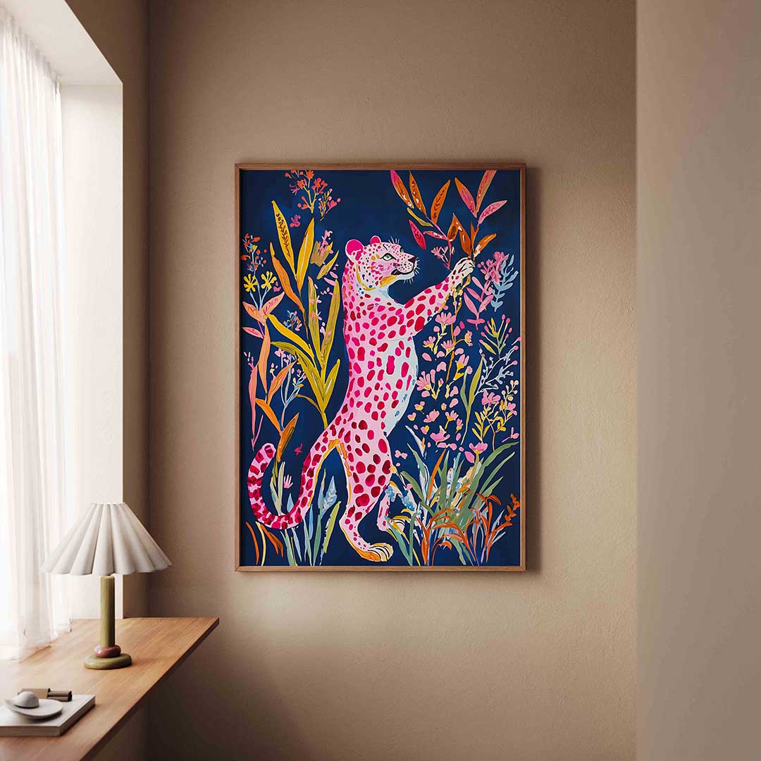 Roze luipaard met bloemen Poster