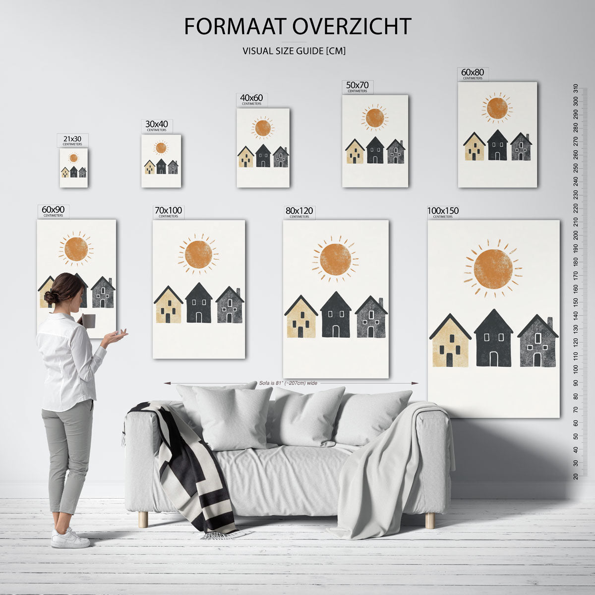 Drie huizen en zon Poster