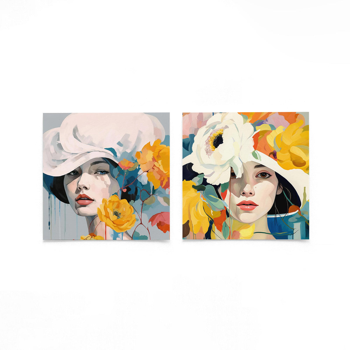 Twee vierkante posters met bloemenportretten op een gebroken witte achtergrond