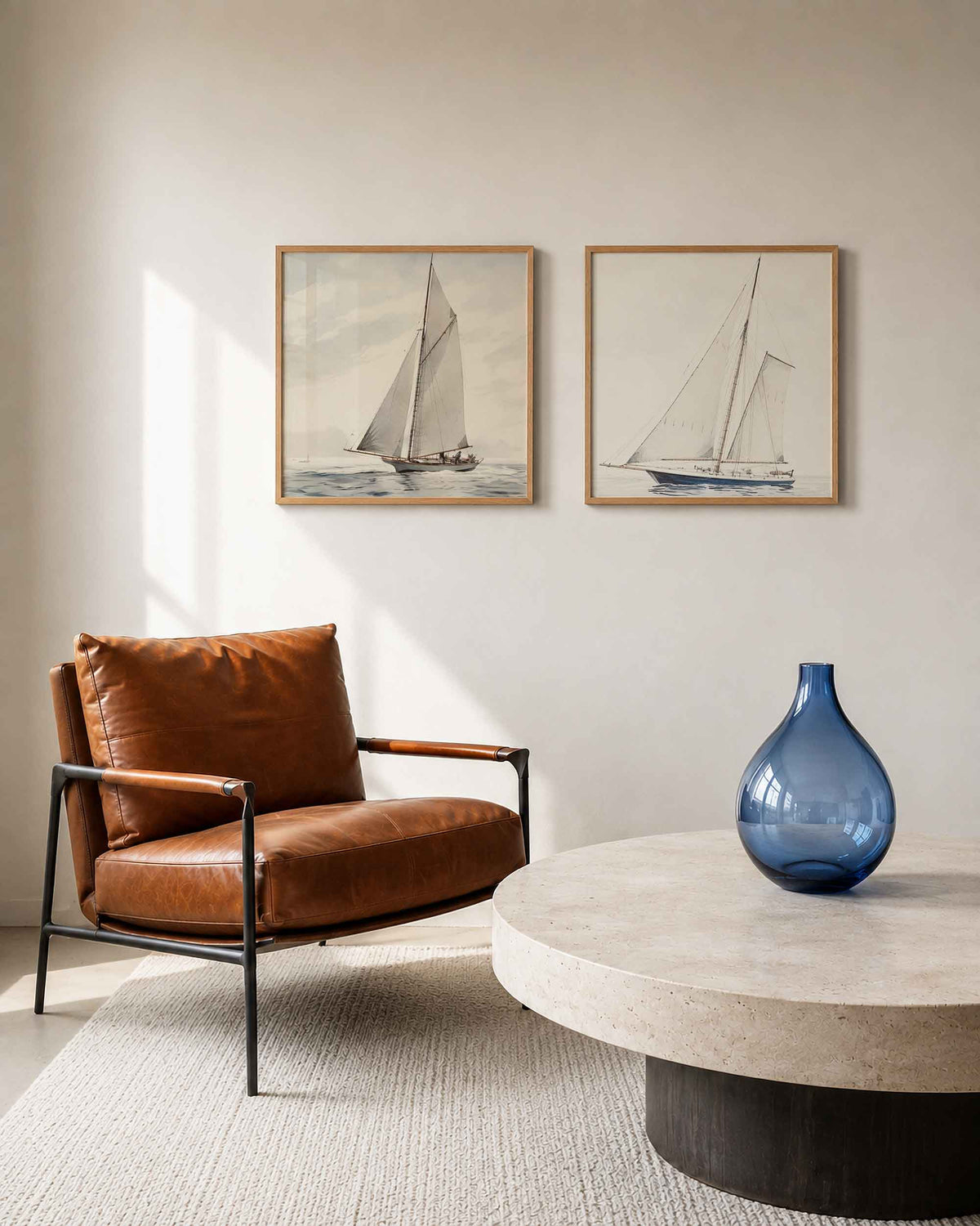 Interieurpresentatie van een tweedelige vierkante posterset met zeilboten op zee