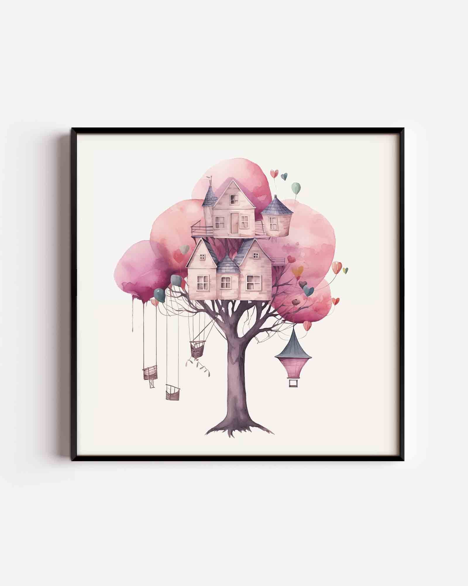 Boomhuis met ballonnen Poster