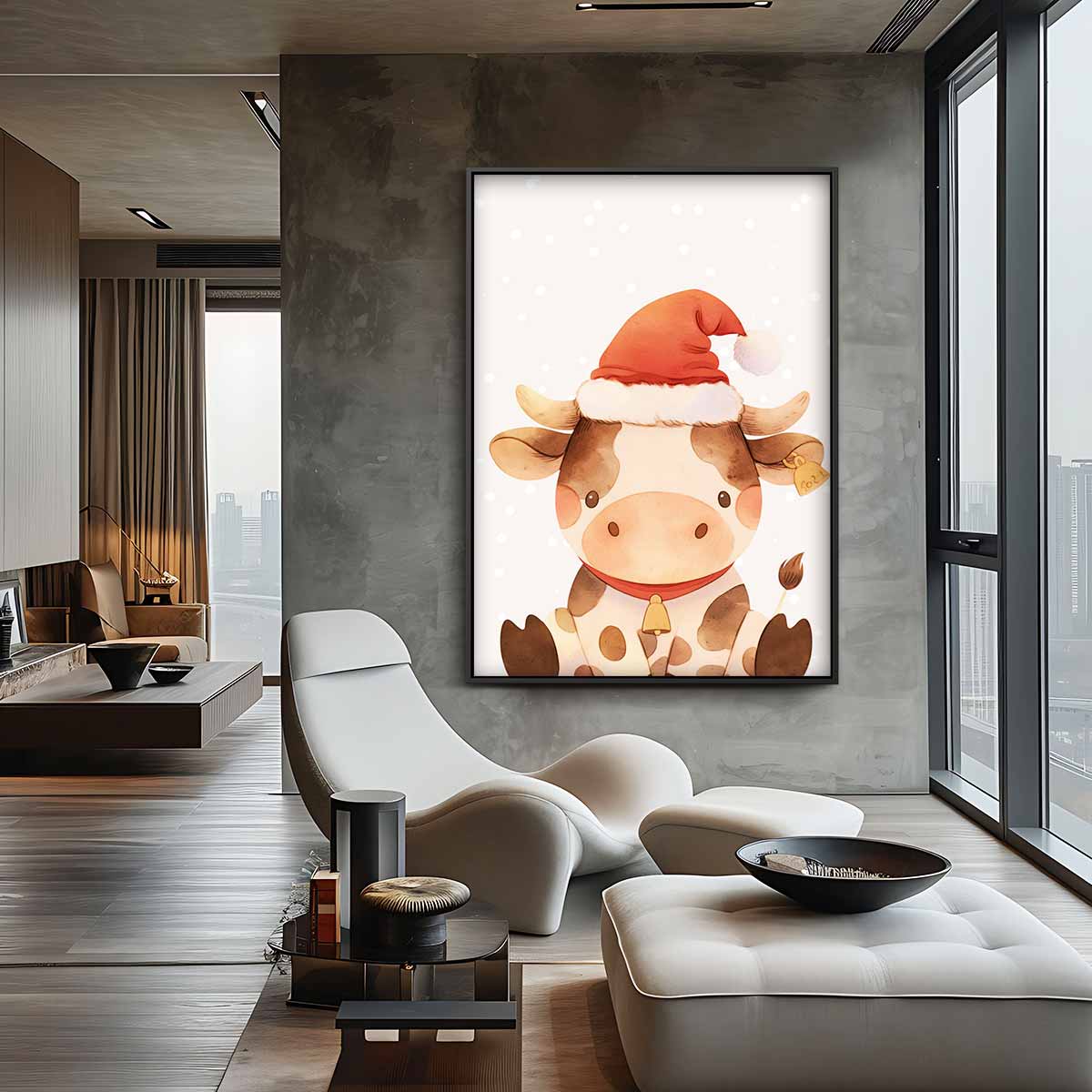 Kerstkoe Illustratie Kunstwerk-canvas-dibond-plexiglas-wanddecoratie-WallArtistic