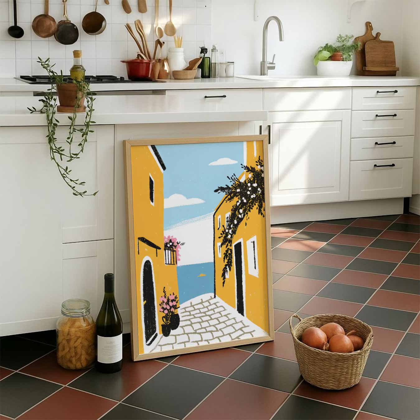 Mediterrane Straat Met Zeezicht Poster-WallArtistic