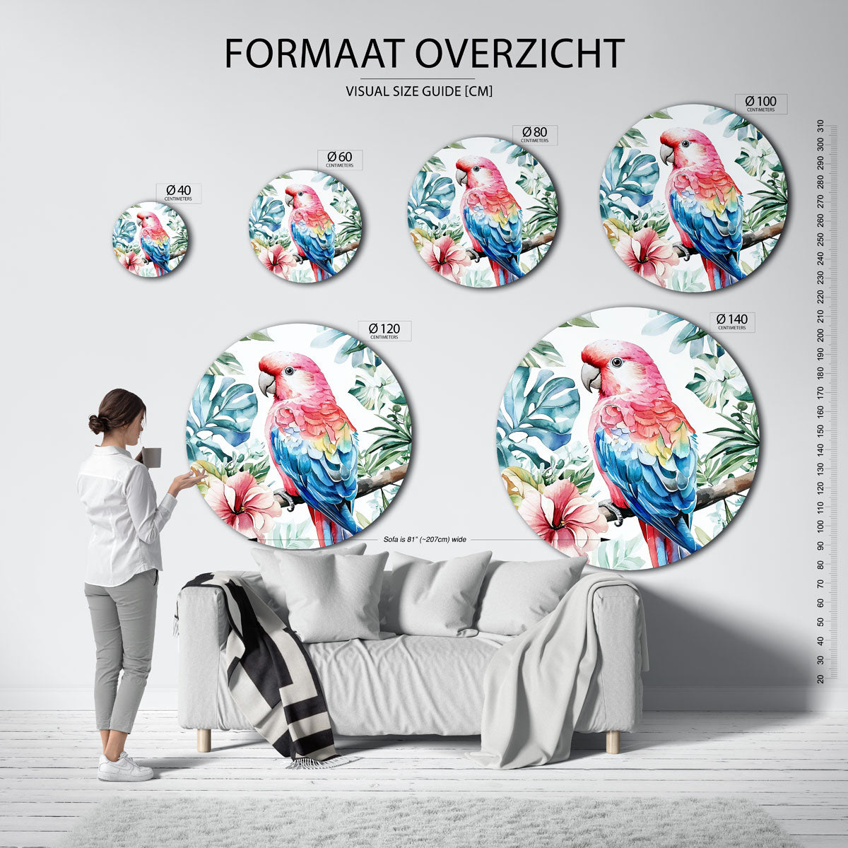 Papegaai en bloemen Muurcirkel
