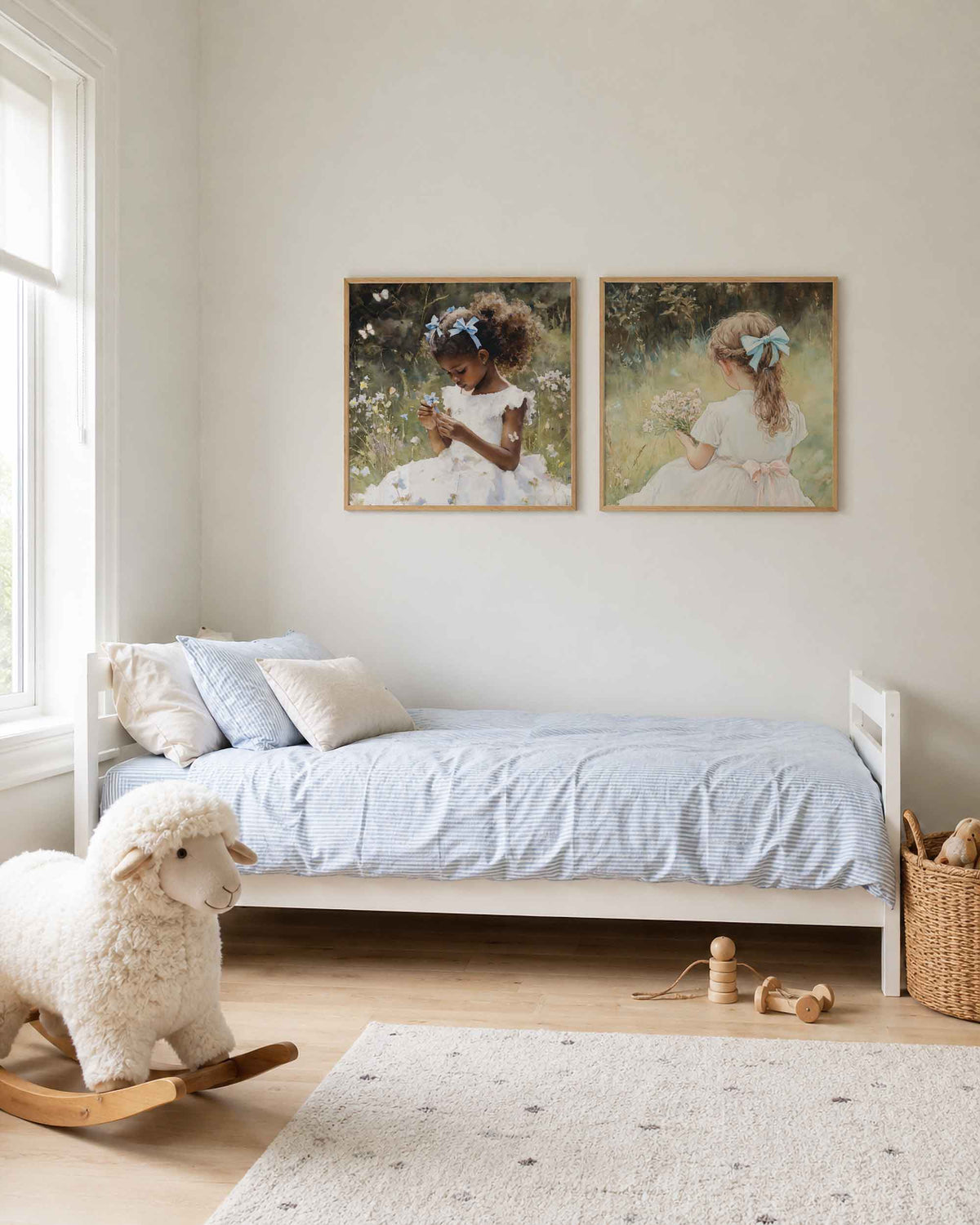 Interieurpresentatie van een tweedelige vierkante posterset met meisjes met bloemen
