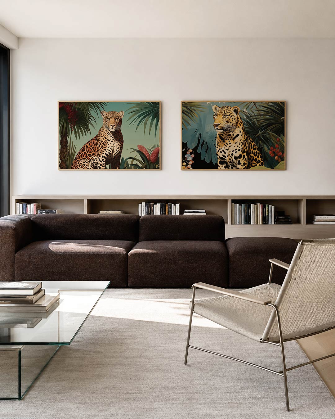 Tweedelige posterset met een luipaard tussen groene bladeren en bloemen, getoond in een interieur