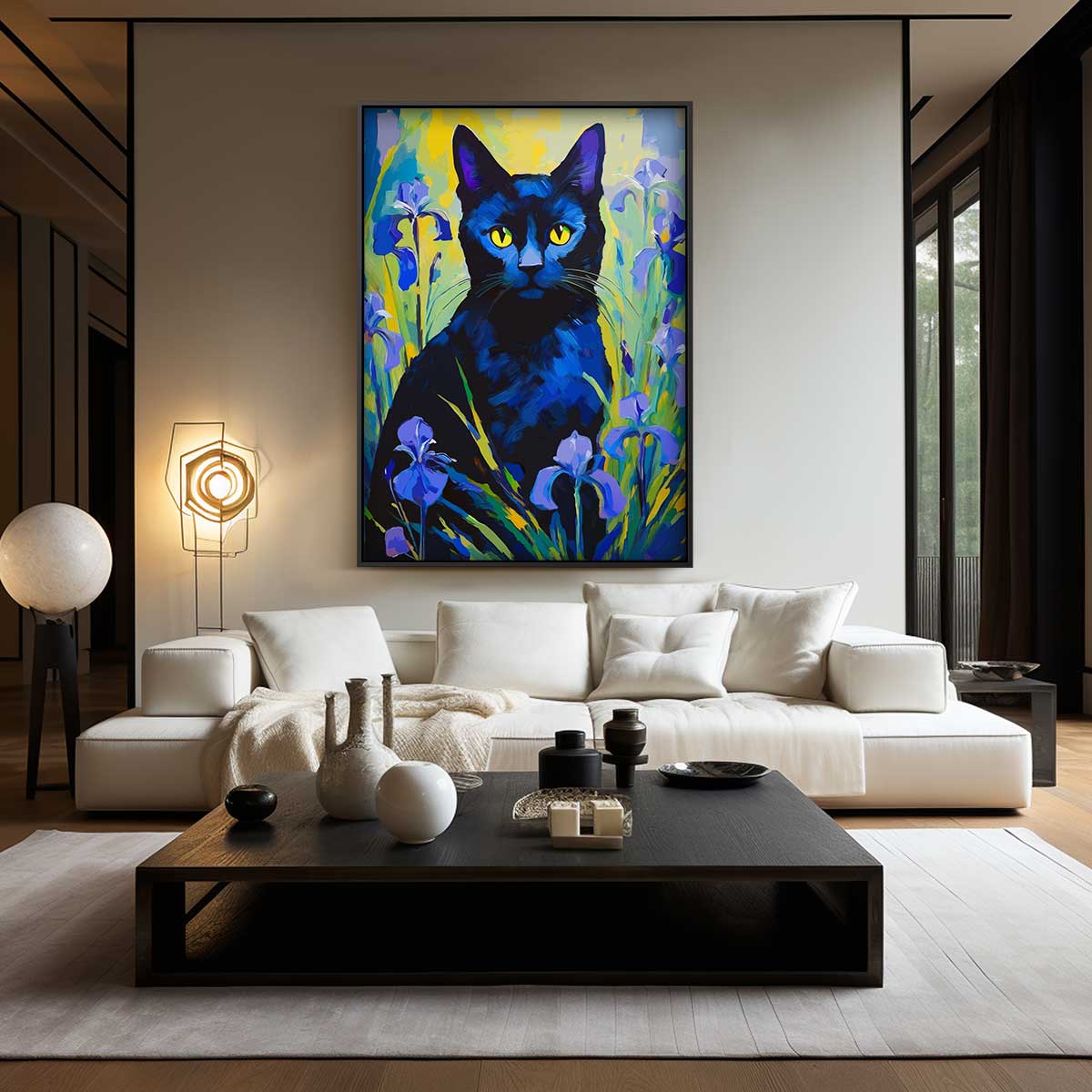 Kunstwerk: Mystische Katze im Blumengarten