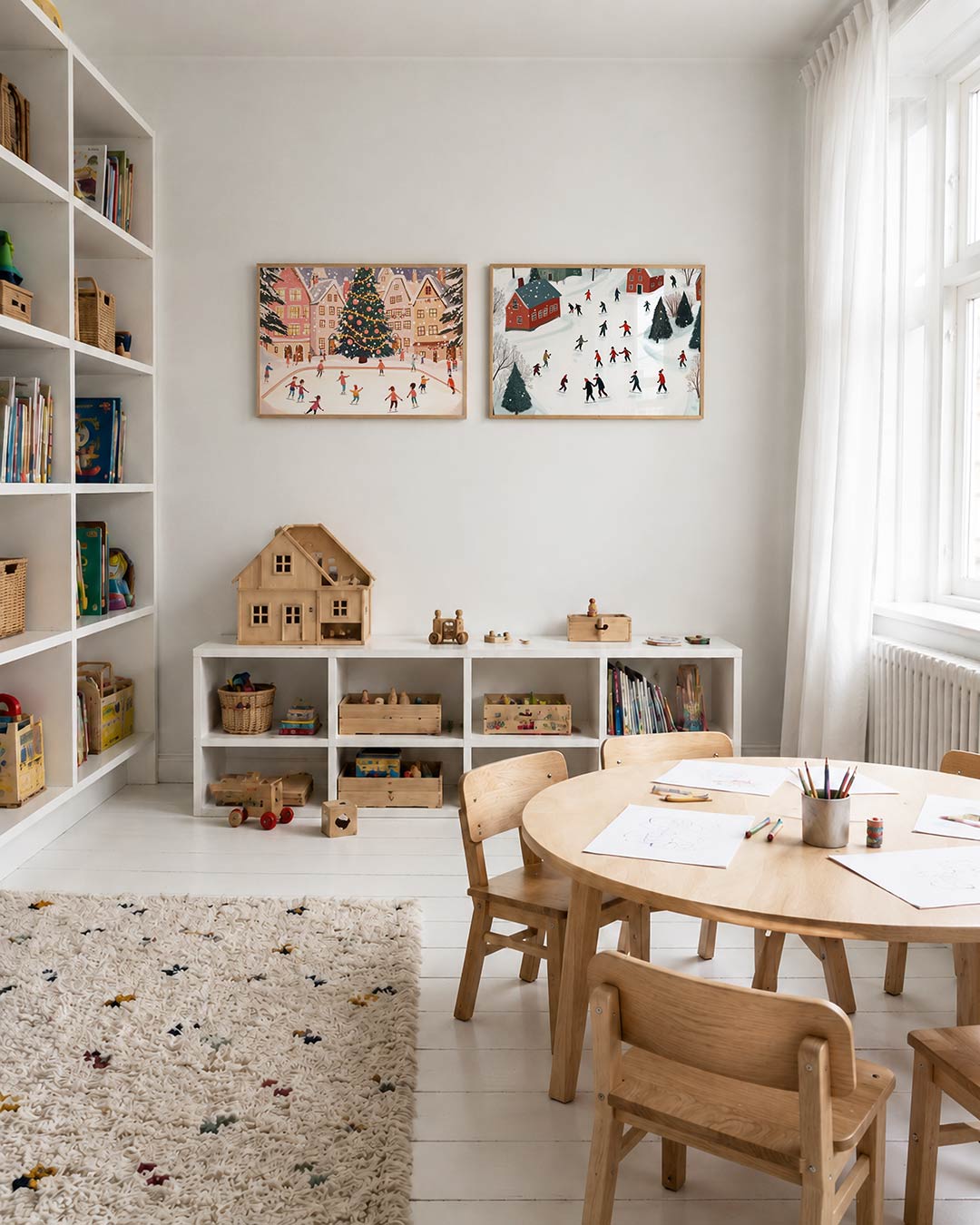 Twee liggende posters met een sfeervol plein met schaatsende mensen en een grote kerstboom, aan de muur in een interieur