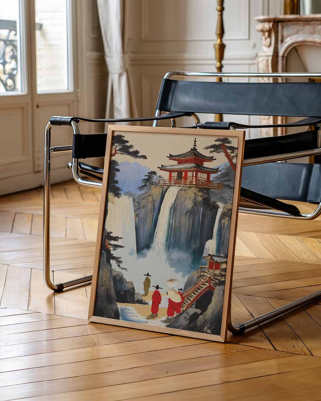 Japanse Waterval en Tempel Poster-WallArtistic