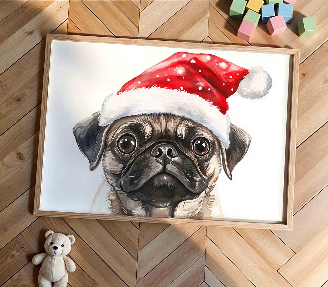 Mopshond met kerstmuts Poster