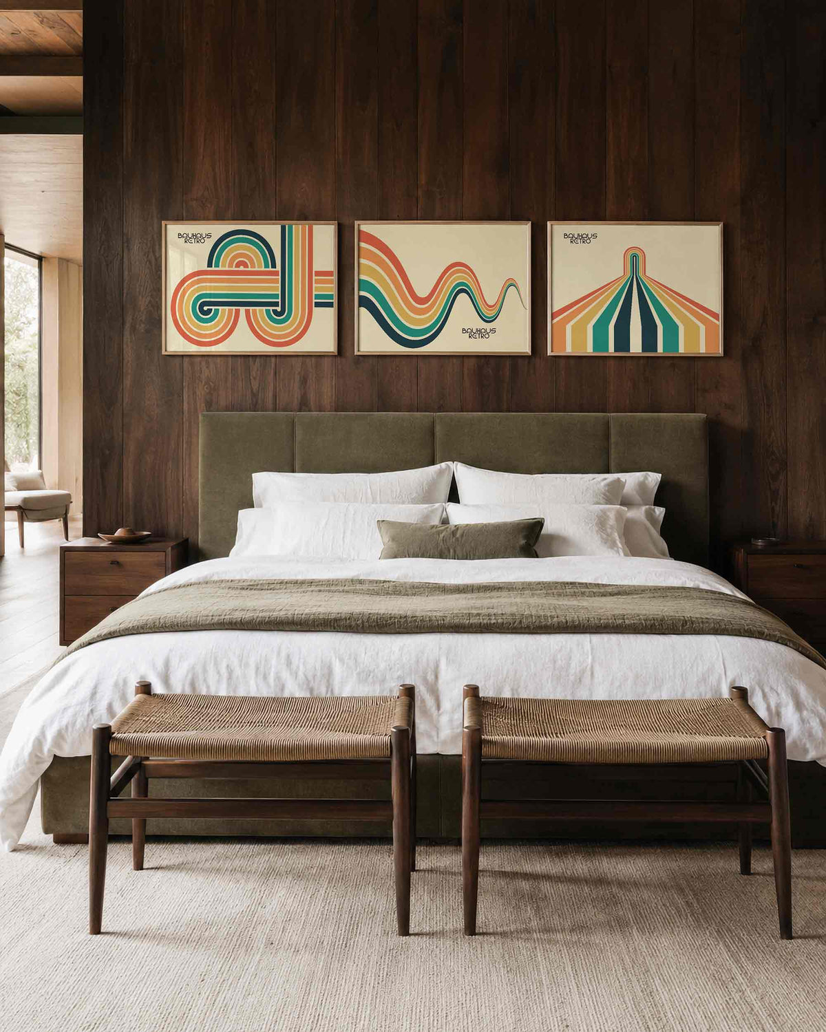 Interieurmockup van drieluik landscape-posterset met retro lijnen en bogen