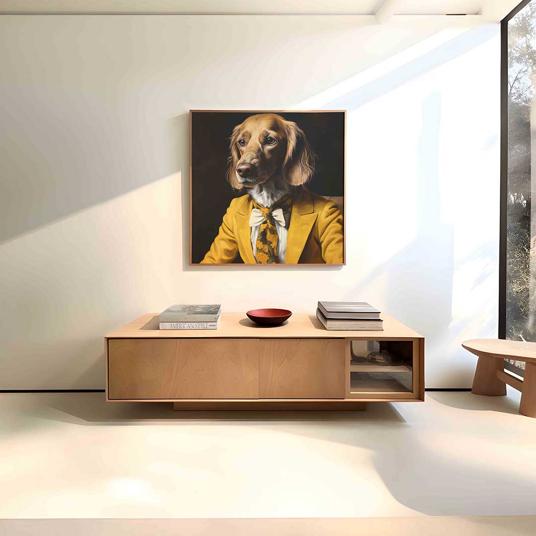 Hond in geel kostuum Poster