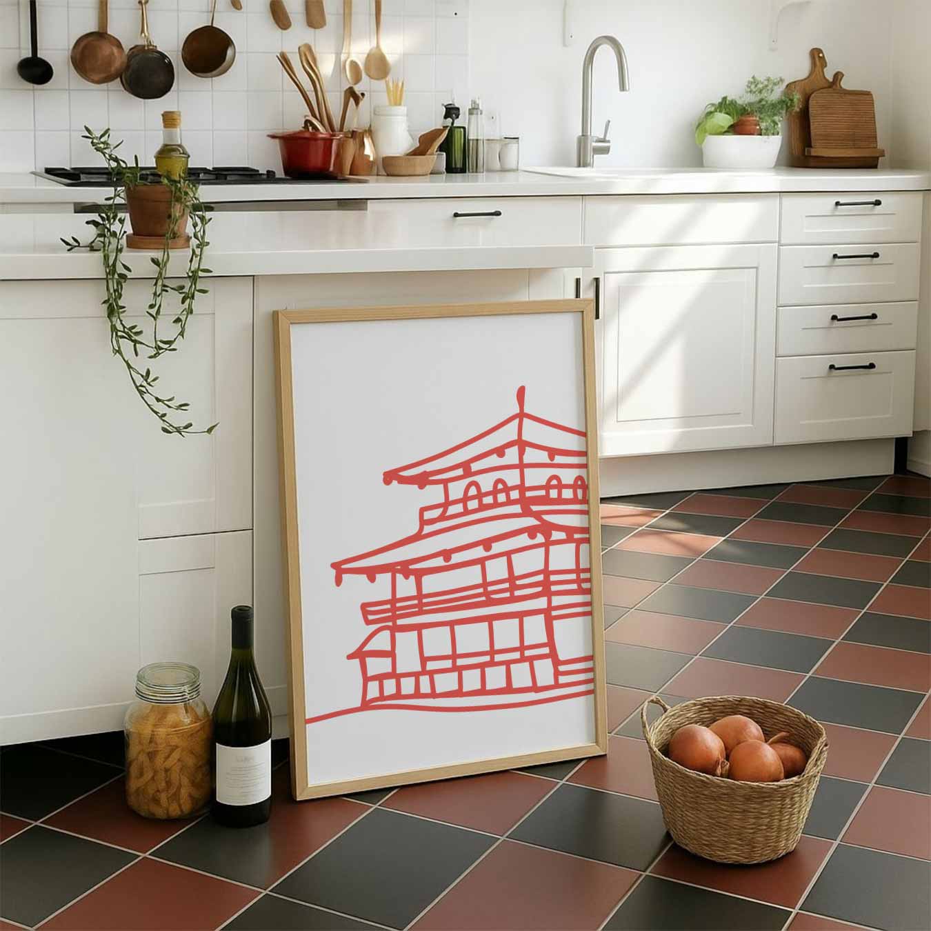 Sierlijke Japanse Tempel Tekening Poster-WallArtistic