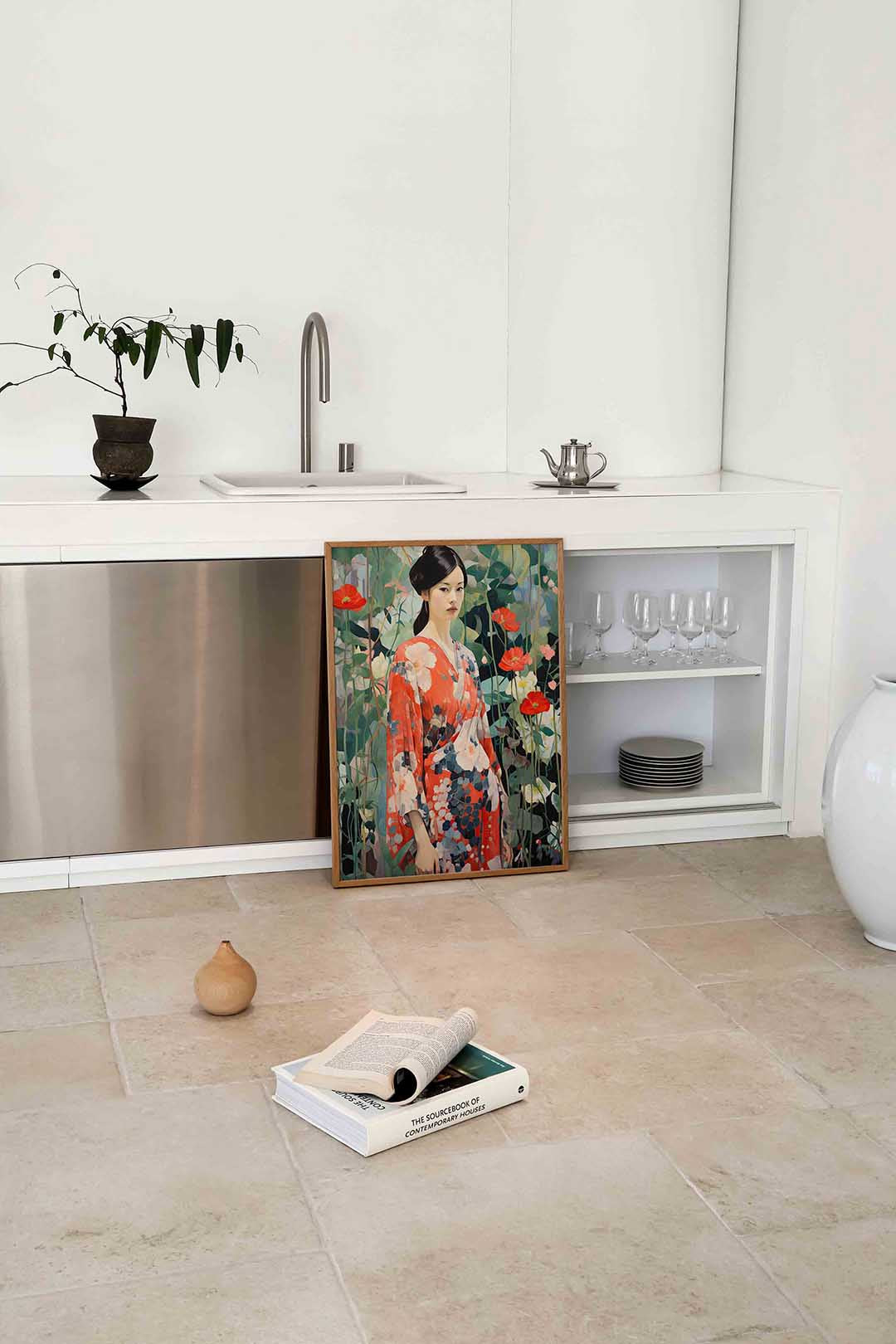 Vrouw in kimono met bloemen Poster