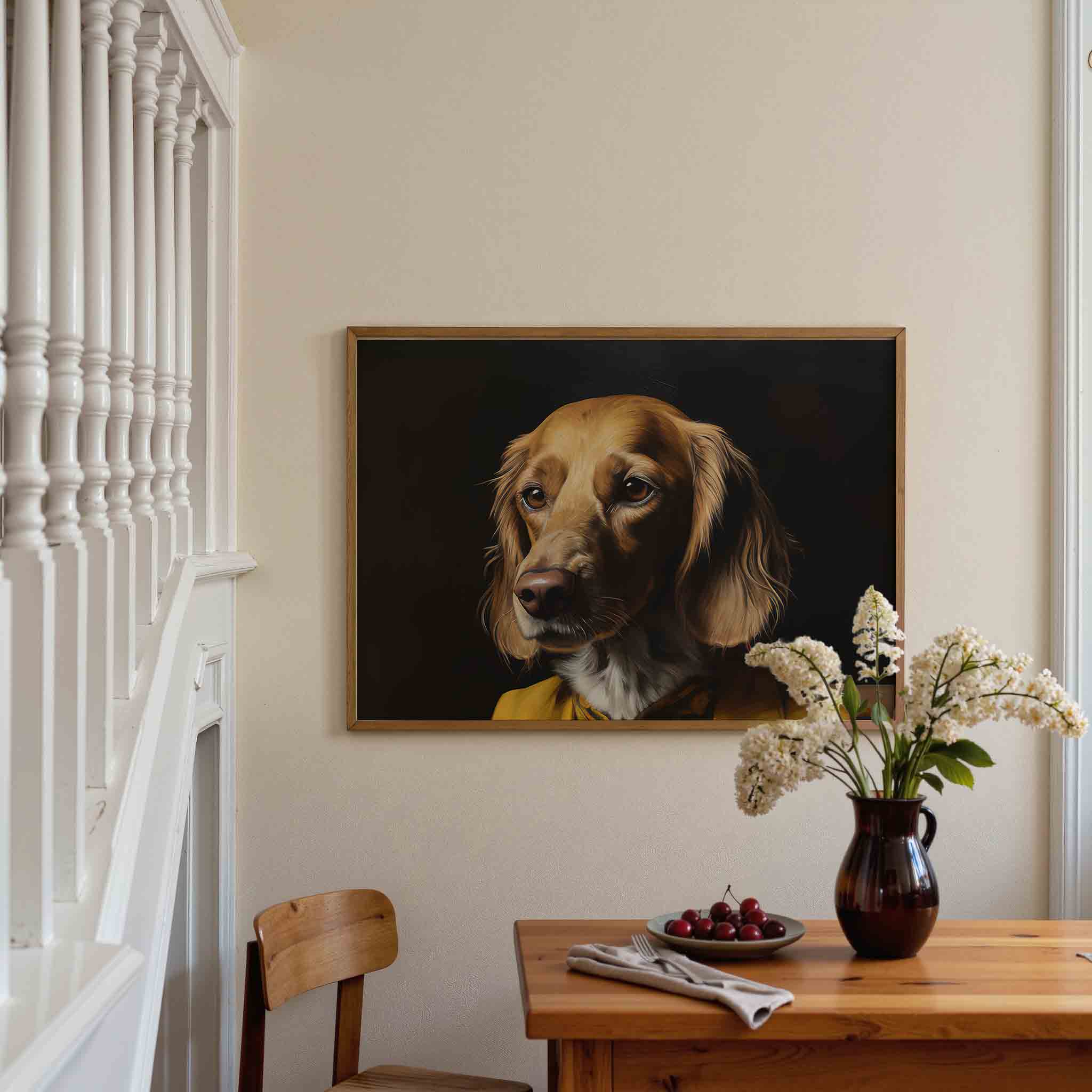 Hond met gele jas Poster