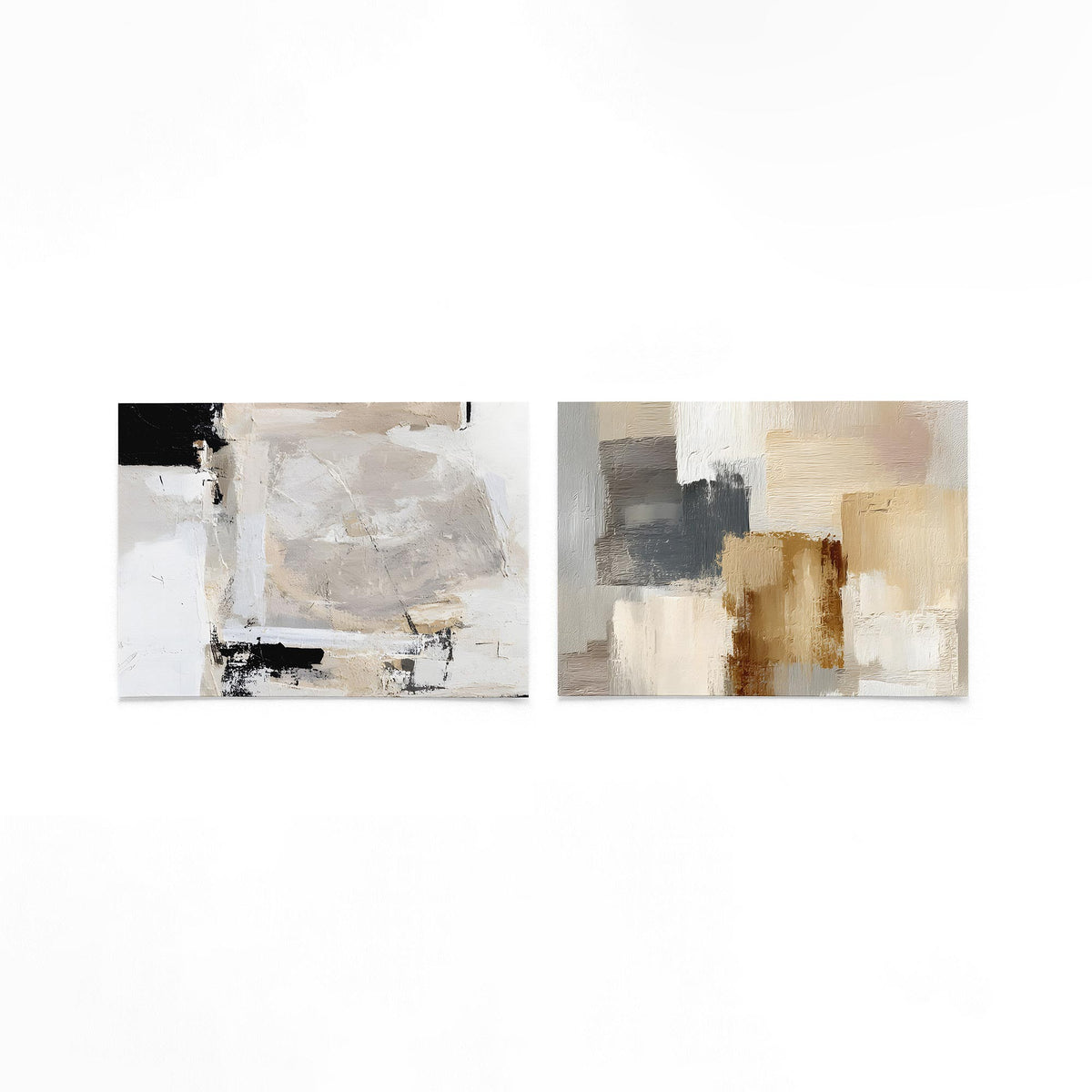 Twee liggende posters met beige en witte vlakken met zwarte accenten op een gebroken witte achtergrond