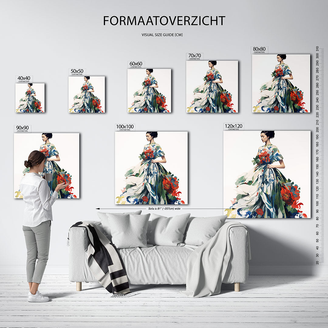 Vrouw in bloemenjurk Kunstwerk