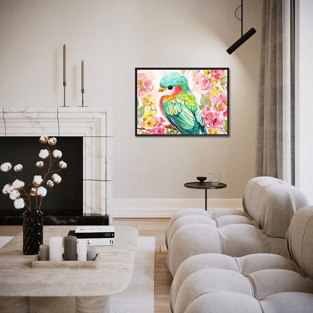 Vrolijke vogel en bloemen Kunstwerk