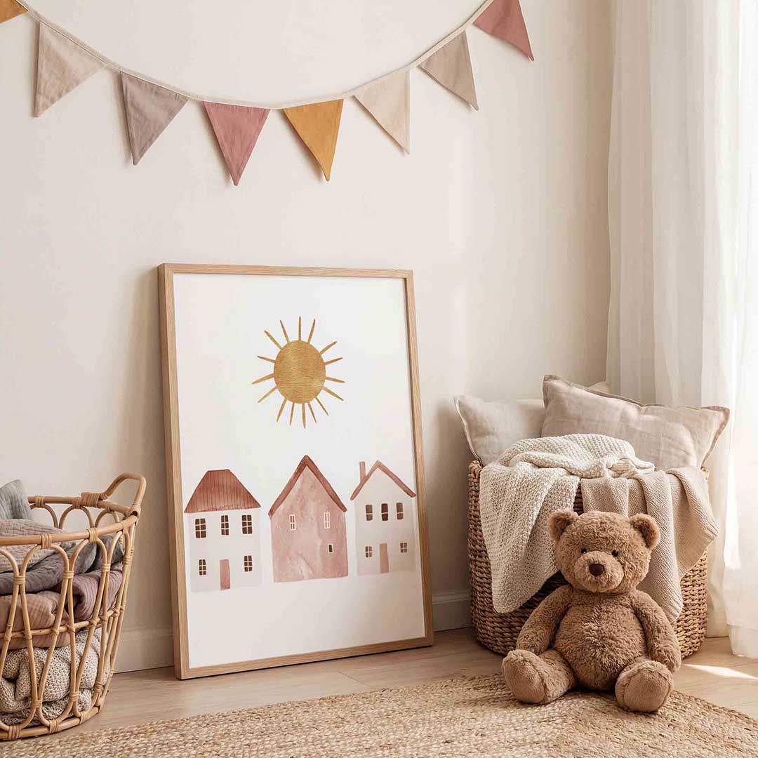 Zon en huizen Poster