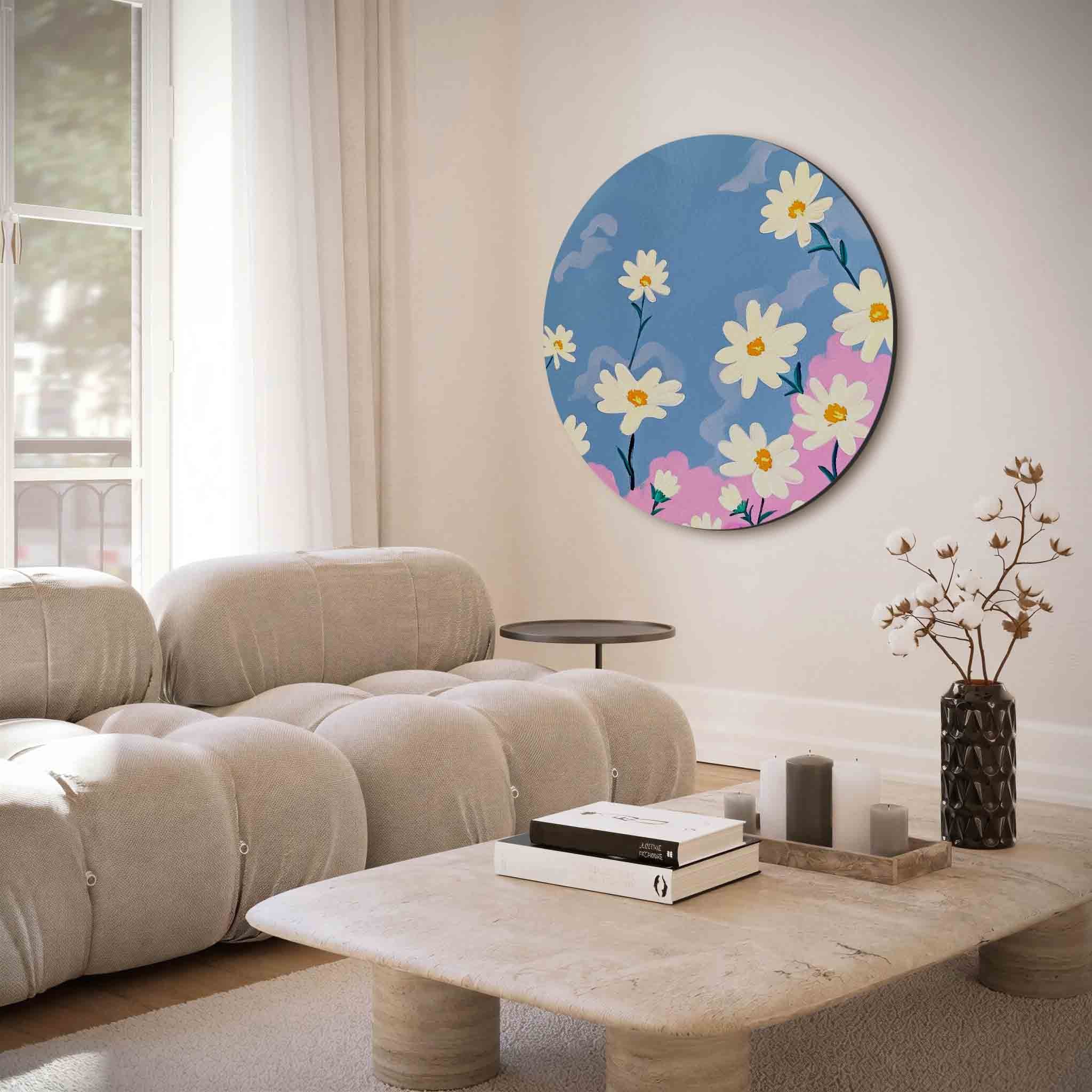 Bloemen op blauwe achtergrond Muurcirkel