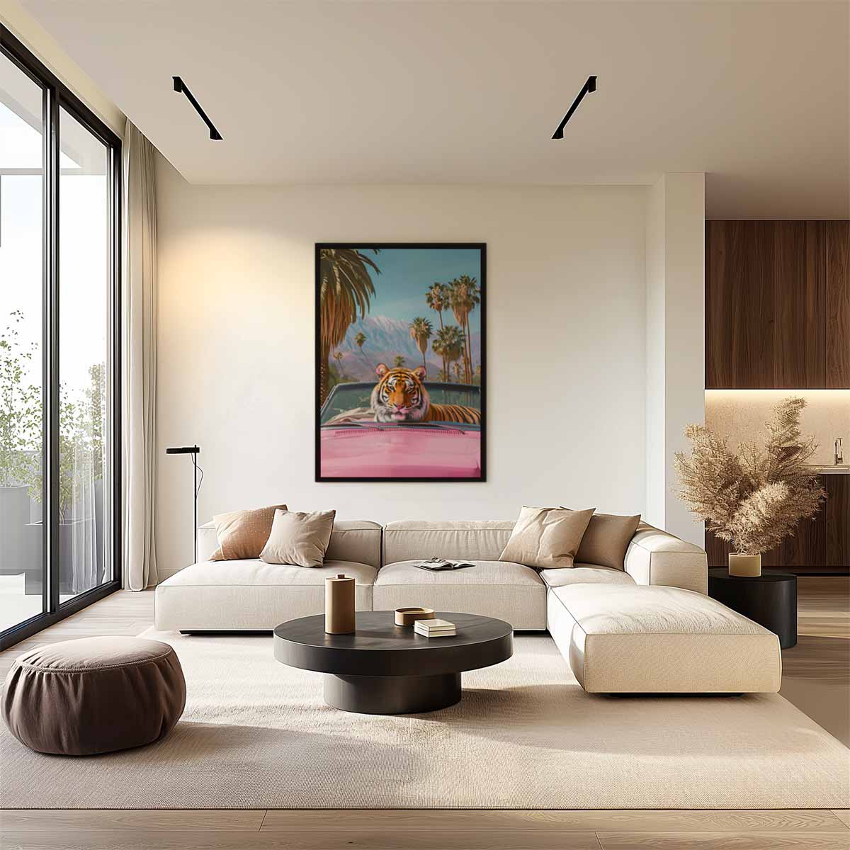 Tijger in de Roze Cabrio Kunstwerk-canvas-dibond-plexiglas-wanddecoratie-WallArtistic