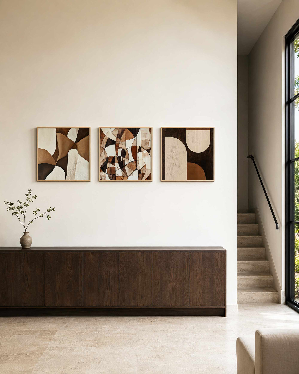 Interieurpresentatie van een driedelige vierkante posterset met bruine abstracte vormen