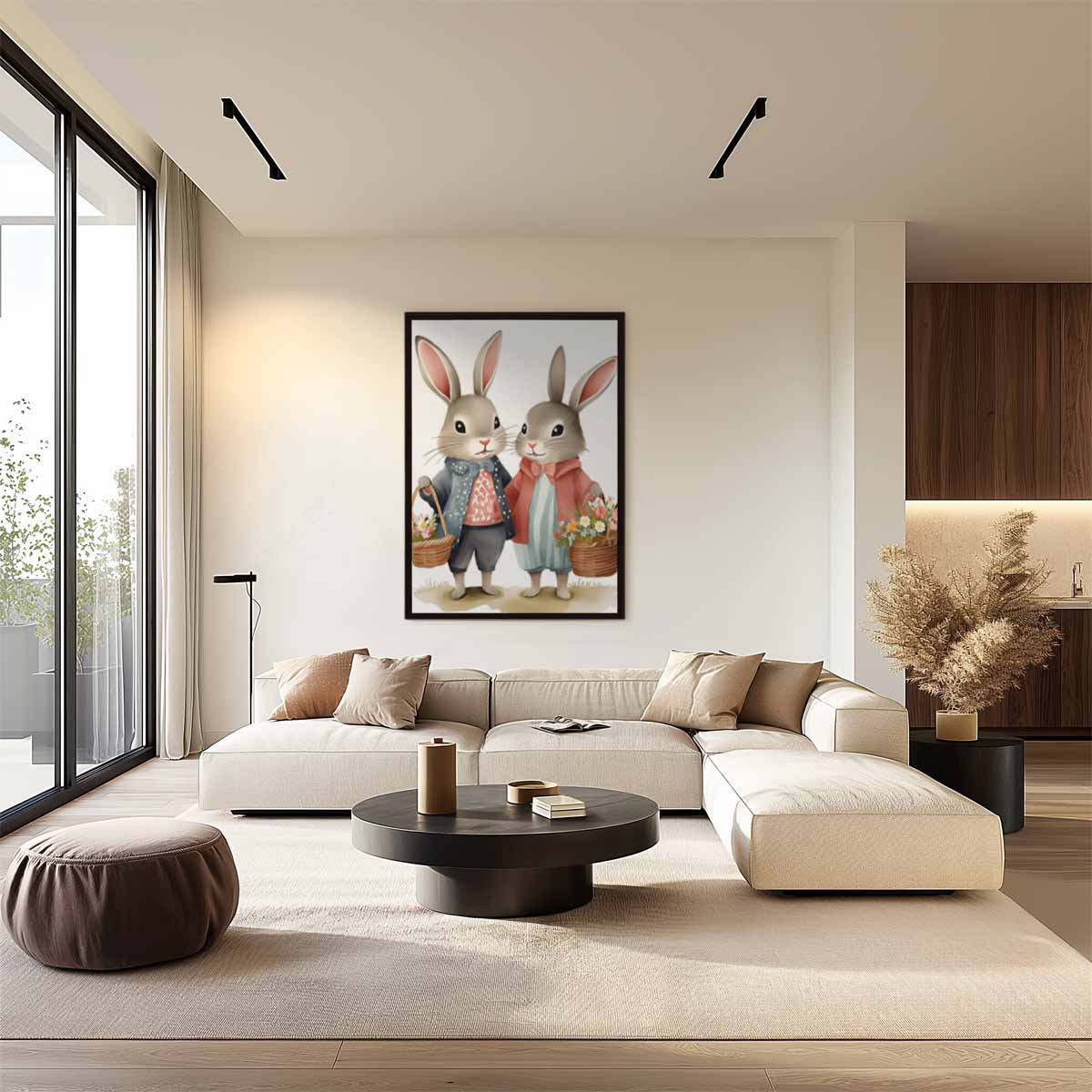 Schattige Konijntjes met Bloemenmanden Kunstwerk-canvas-dibond-plexiglas-wanddecoratie-WallArtistic