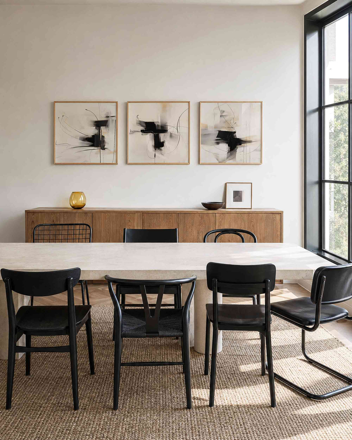 Interieurpresentatie van een driedelige vierkante posterset met abstracte zwart beige