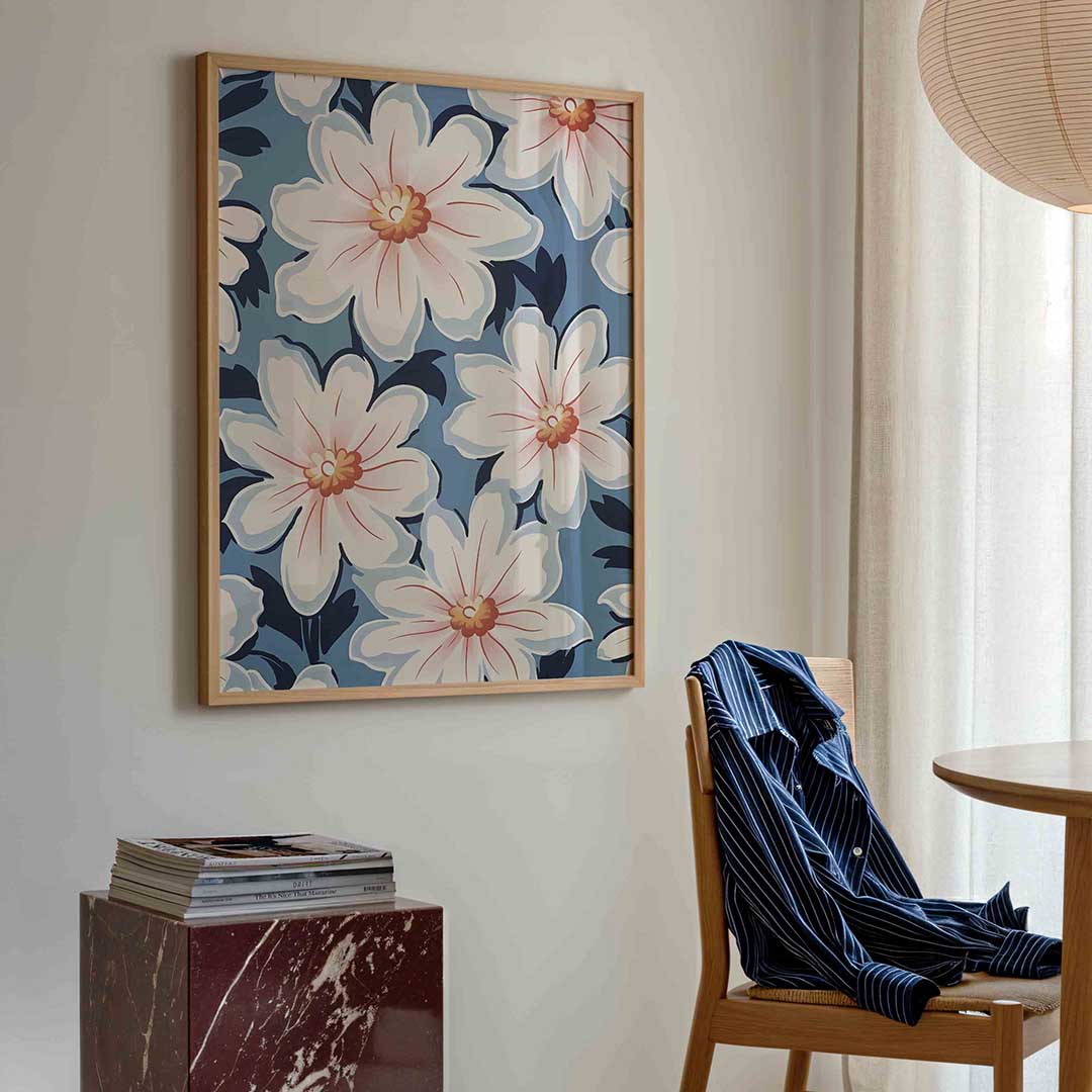 Bloemen op blauwe achtergrond Poster