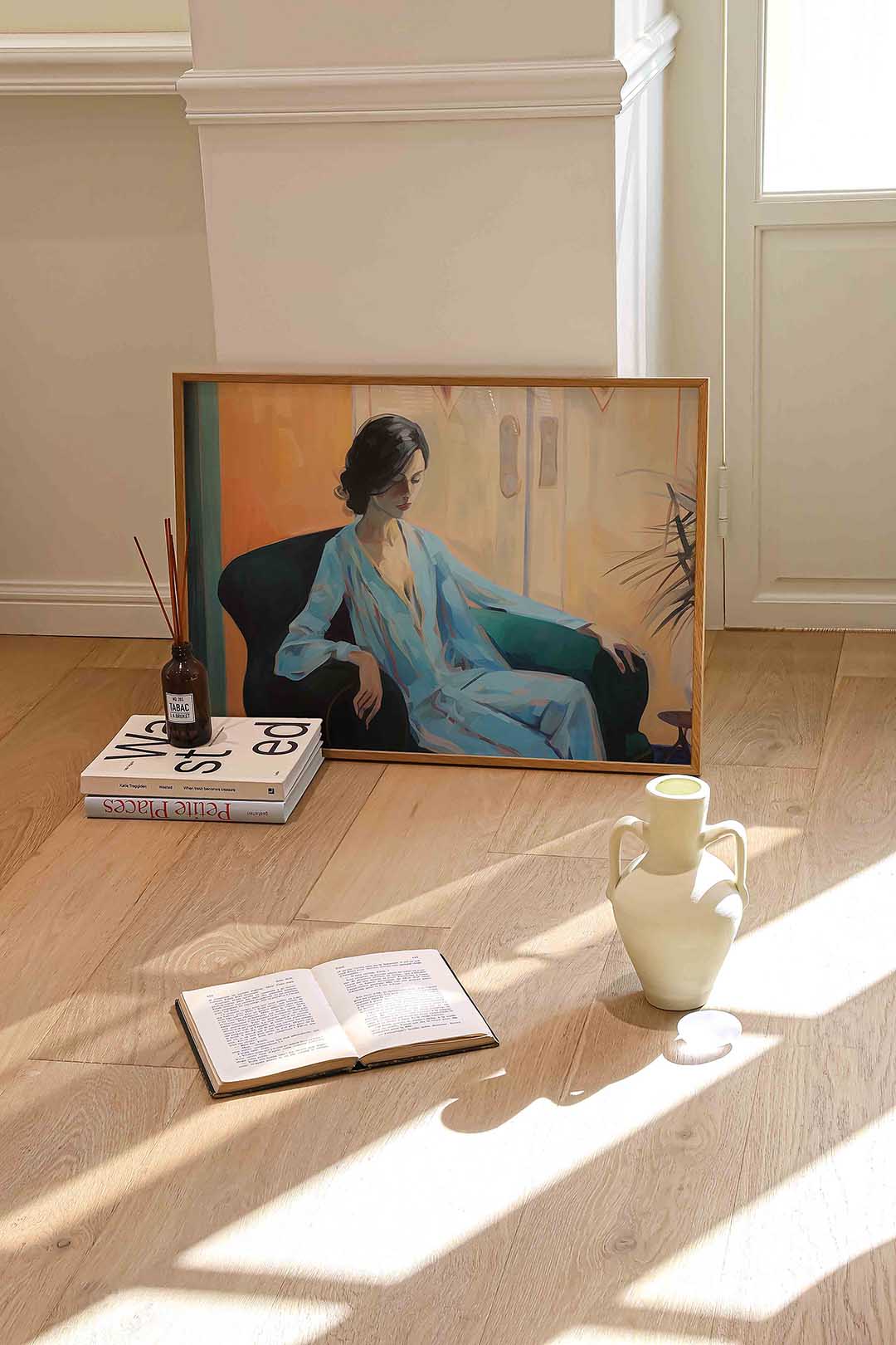 Vrouw in blauwe outfit Poster