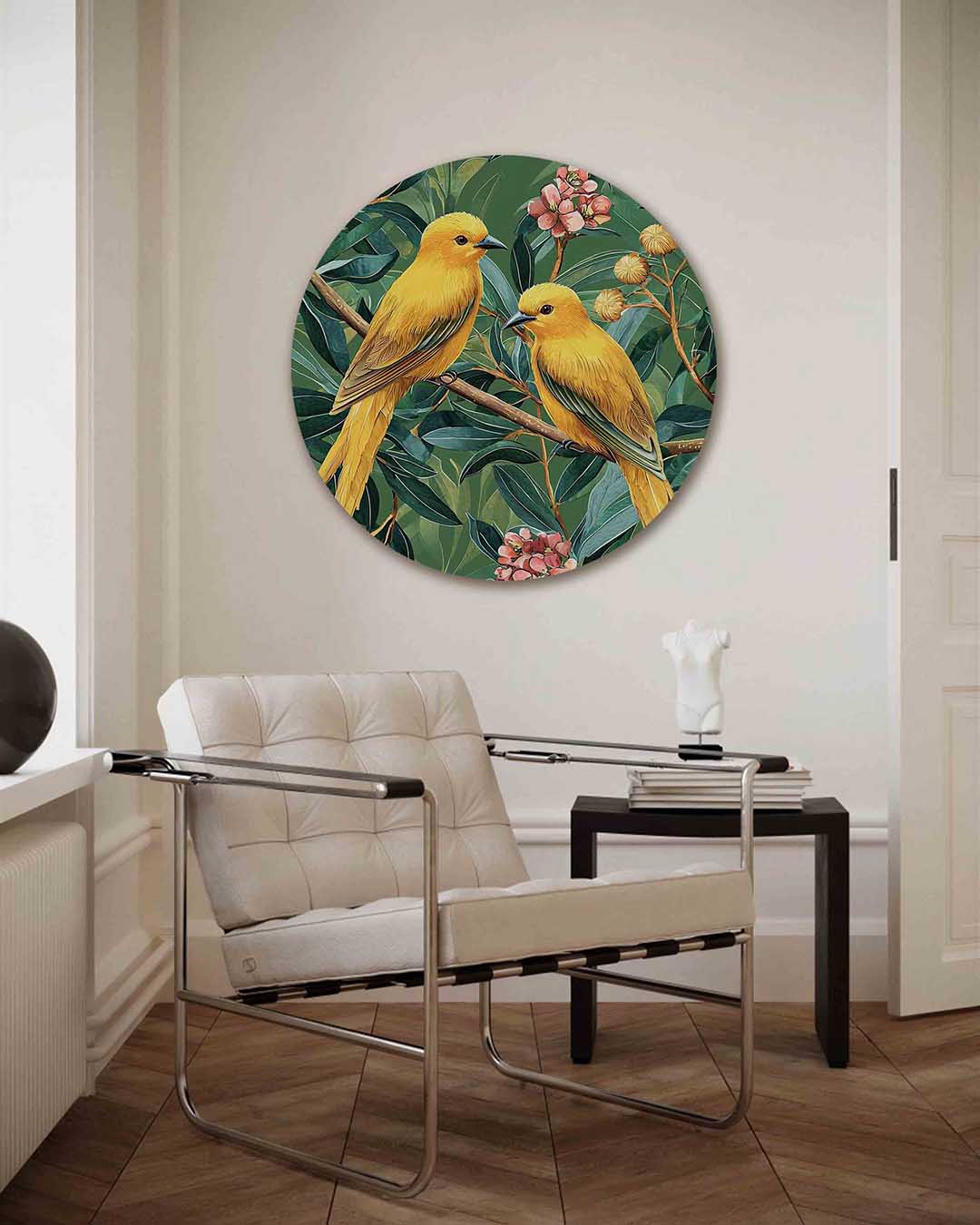 Gele vogels en bloemen Muurcirkel