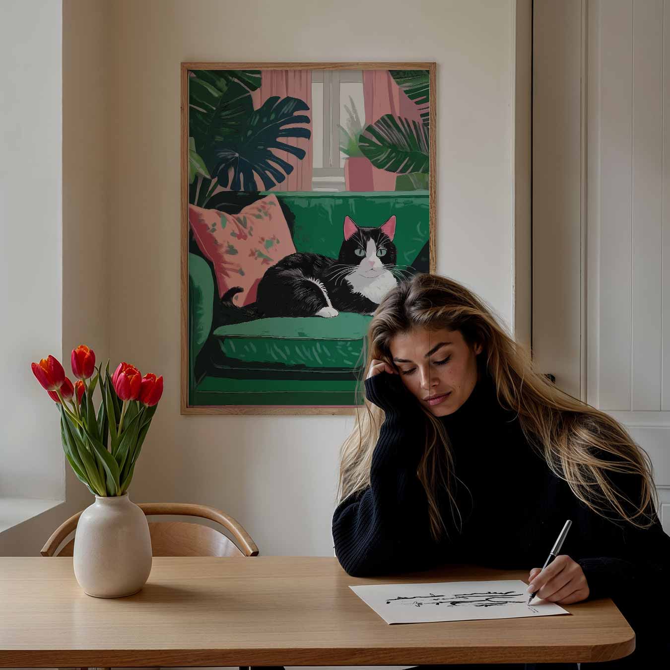 Kat op Groene Bank Poster-WallArtistic