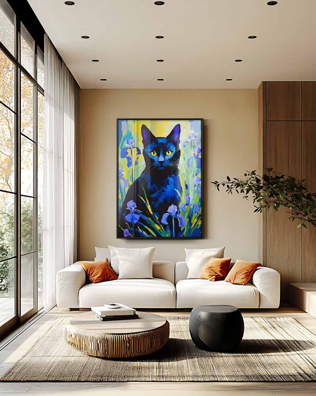 Kunstwerk: Mystische Katze im Blumengarten