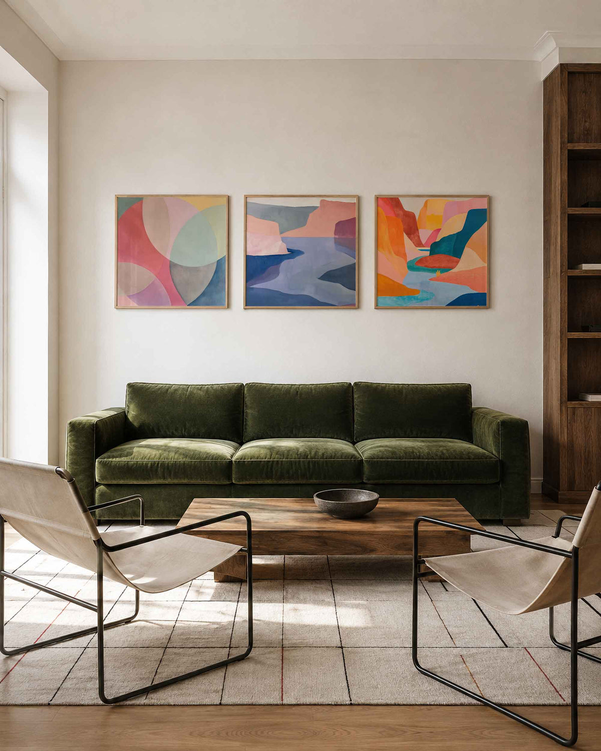 Interieurpresentatie van een driedelige vierkante posterset met abstracte kleurrijke landschappen
