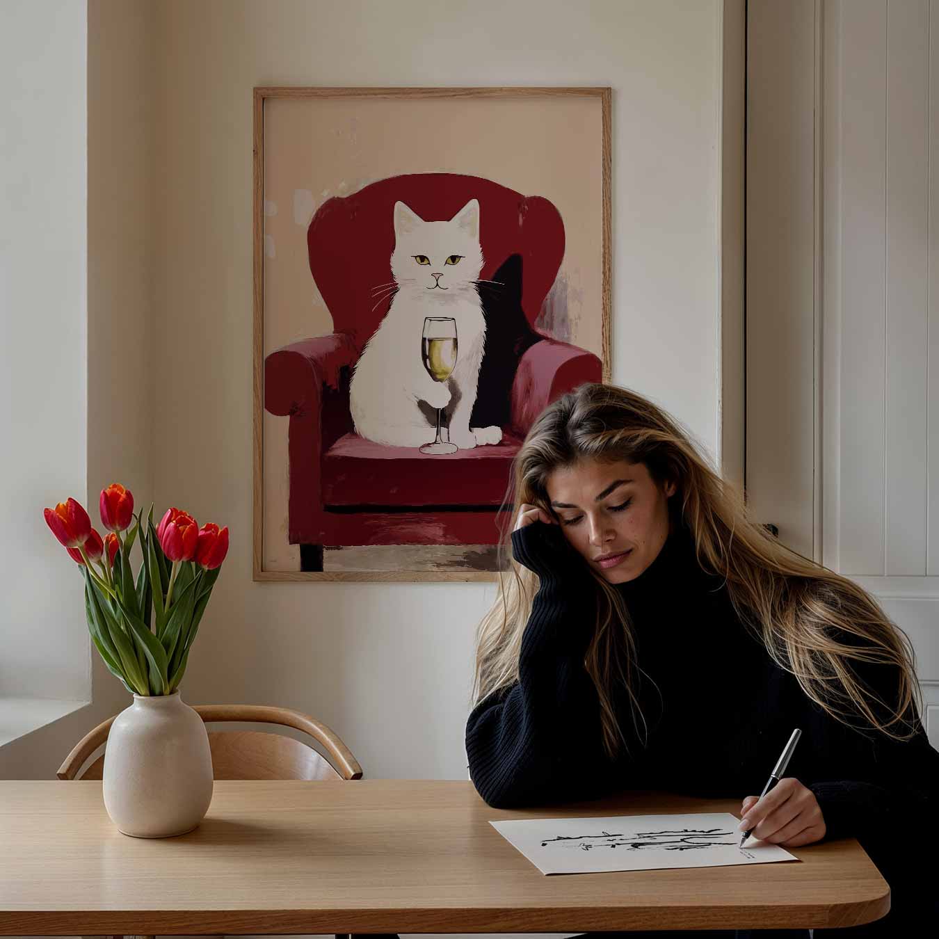 Relaxte Kat met Champagne Poster-WallArtistic